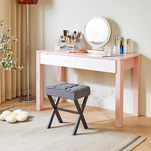 Miniatura 9 de IBUYKE Taburete de maquillaje cuadrado con reposapiés de pierna en X, reposapiés de lino, asiento otomano, multiusos como mesa auxiliar pequeña,