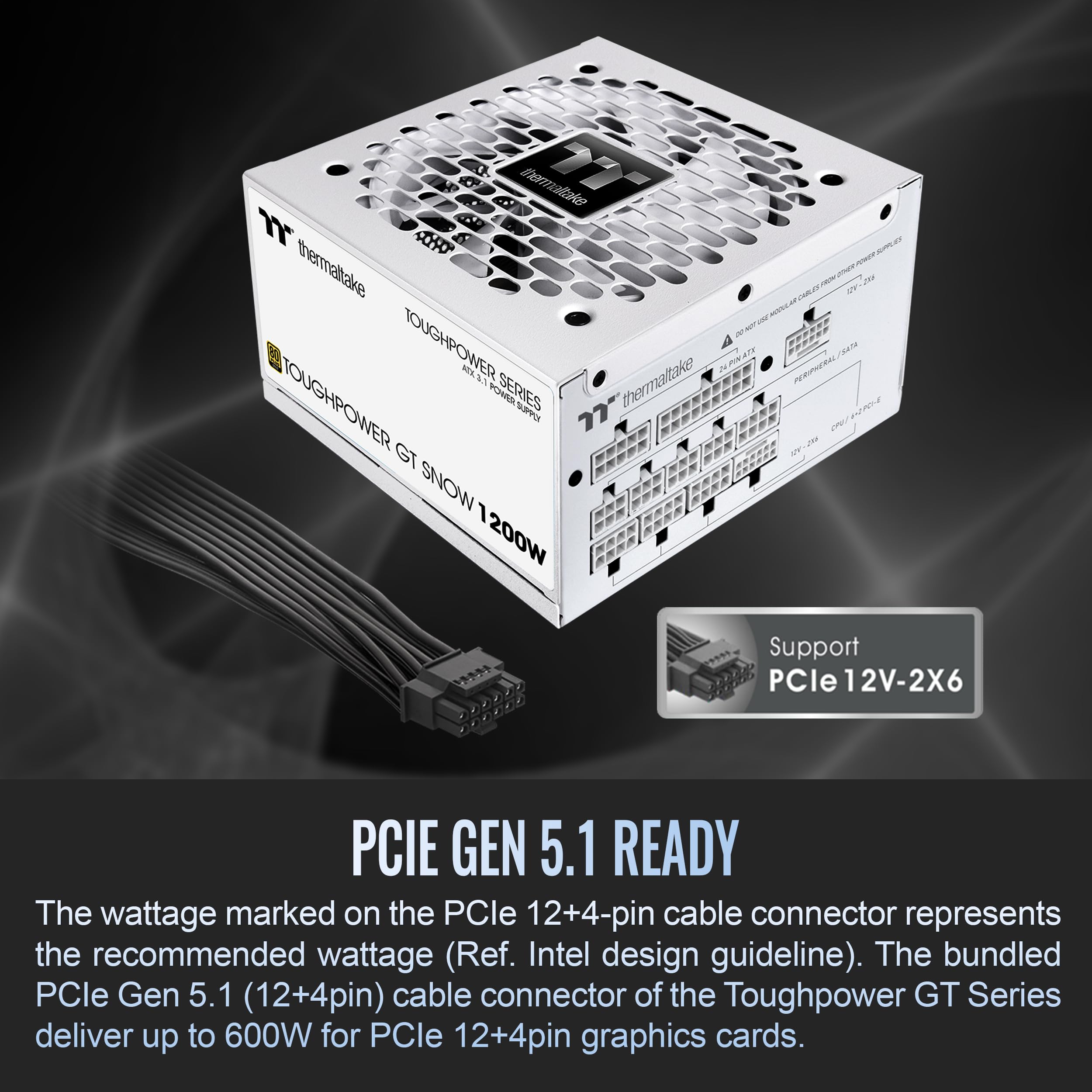 Thermaltake Toughpower GT 1200W ; ATX 3.1 ; x2 native PCIe 5.1 12V-2x6 ; entièrement modulaire ; câbles plats ; connecteurs de couleur assortie ; condensateurs principaux japonais ; 80 Plus Gold ; 140