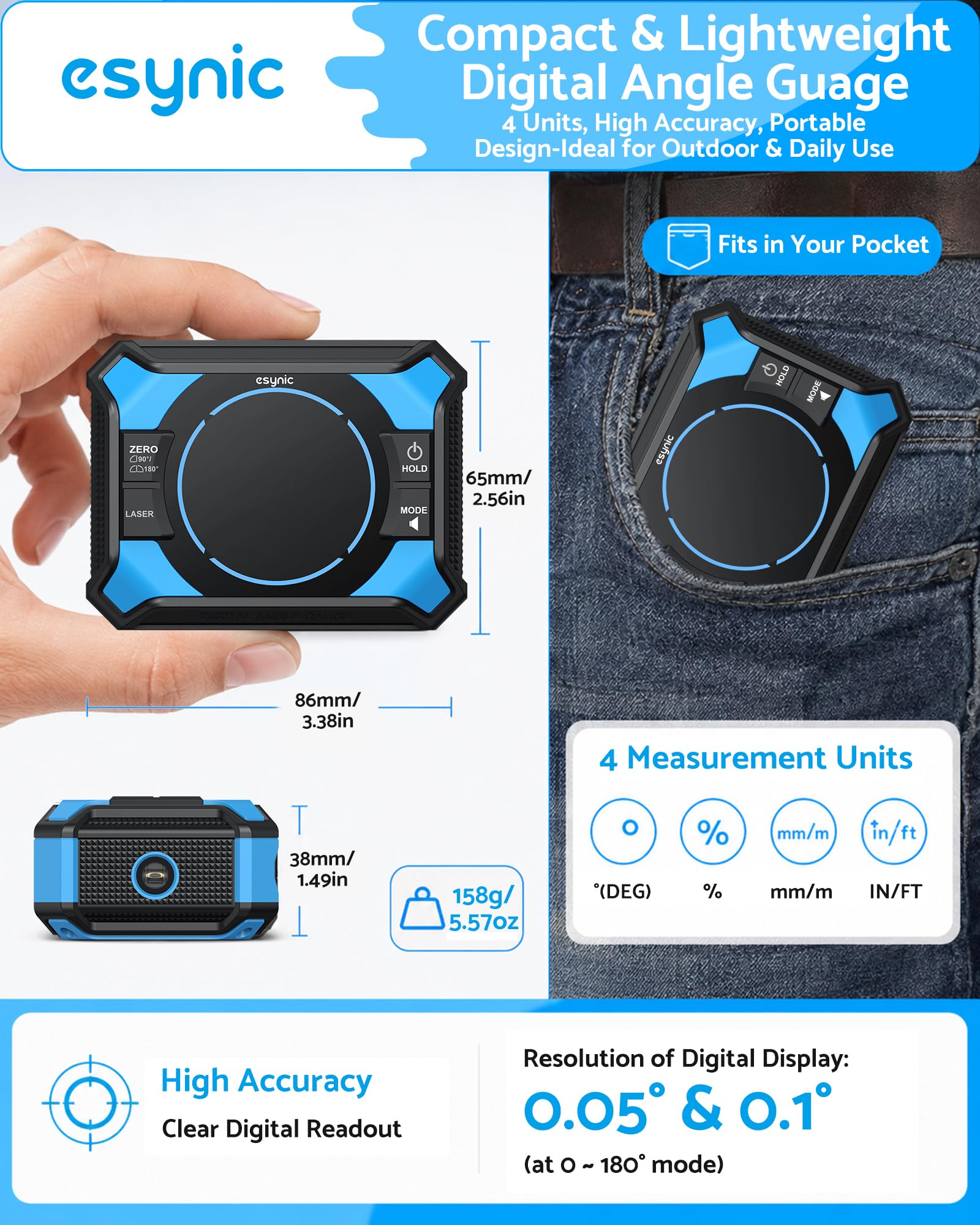 eSynic Inclinómetro Digital 3 en 1 con Láser, Transportador de Ángulos Magnético Recargable por USB-C, Precisión ±0.1°, Pantalla LED, 4×90°/2×180°, para Cuadros, Azulejos y Carpintería