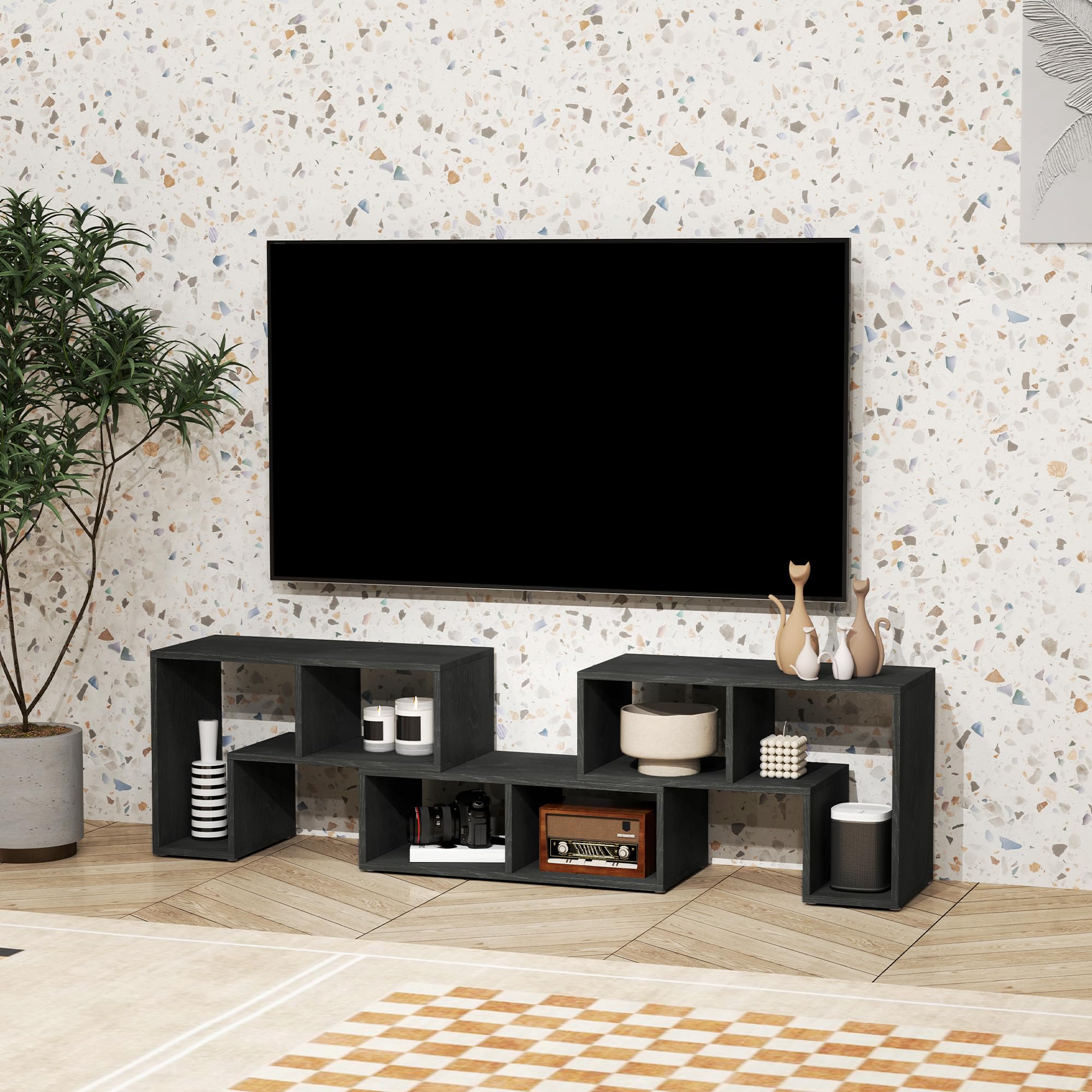HOMCOM Mobile TV 75" max Modulabile con 2 Ripiani a L e Mensola Rettangolare, Mobile Porta TV Moderno in Truciolato per Soggiorno, 134-180x30.5x44 cm, Nero