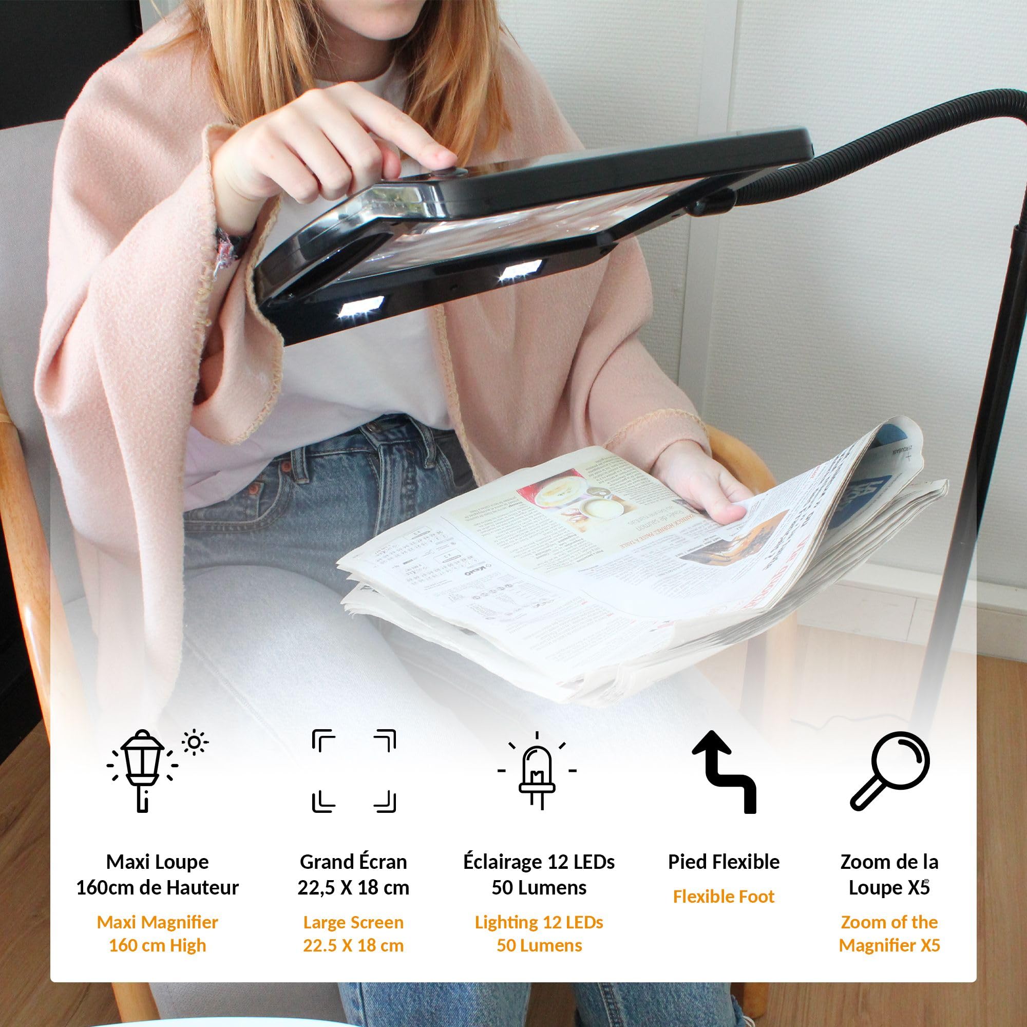 Maxi-vergrootglas, verlicht, 12 leds om neer te zetten, 5 x vergroting, draaibaar, voor lezen, knutselen, naaien, borduren en andere precisie- activiteiten, 160 cm (reuze
