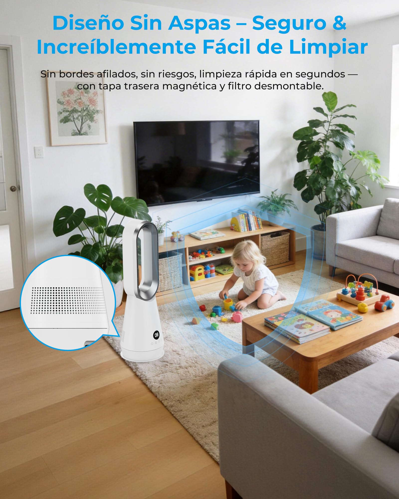 Ventilador de Torre Silencioso sin Aspas,Ventiladores Aire Frio con 8 Velocidades,2 Modos(Sueño,Viento Fuerte),Oscilación 80°,Temporizador 9h,Mando a Distancia,Pantalla LED,32dB Bajo Nivel de Ruido