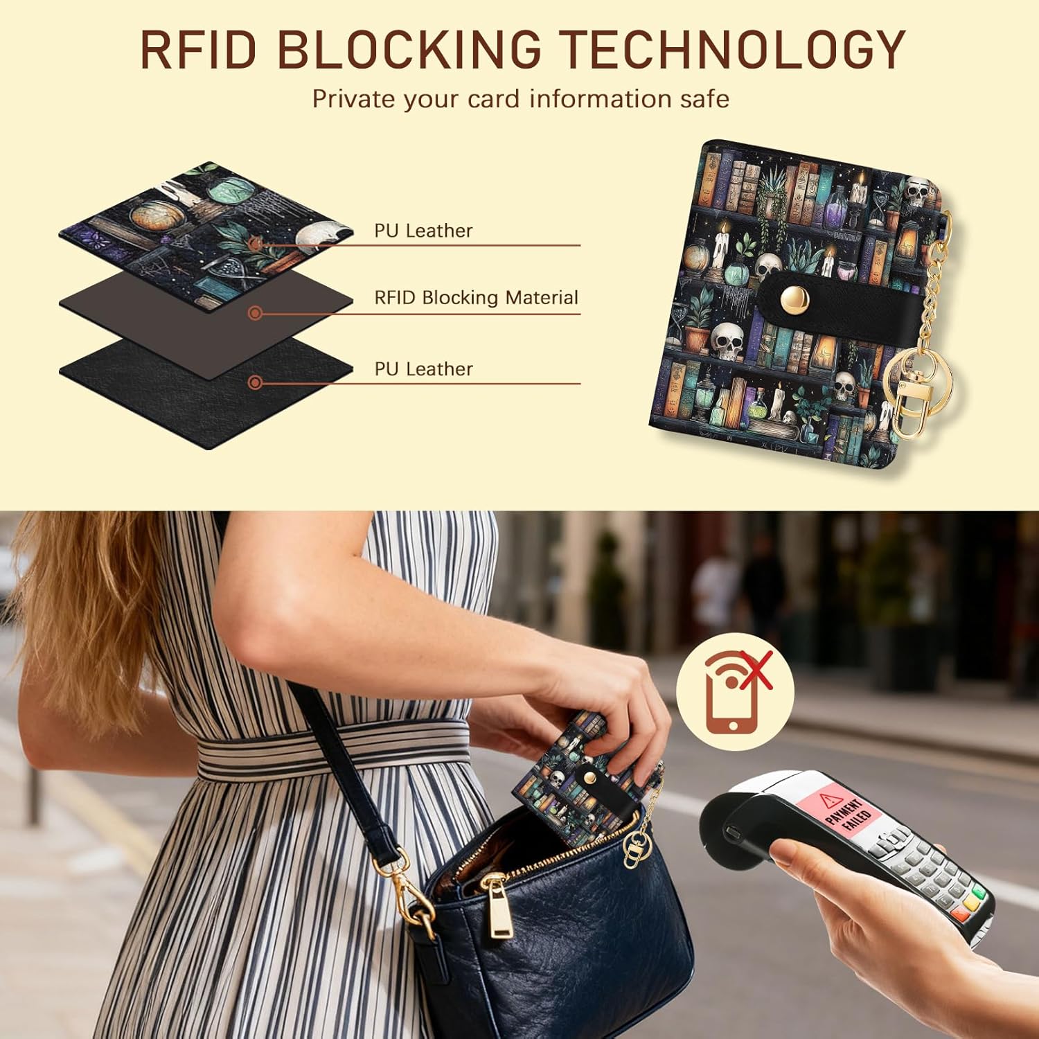 Bookshelf and Skull Goth Gothic Skeleton Rfid Women Wallet, Small Slim Thin Compact Travel Credit Card Wallet, PU Leather Bifold Cash Wallet, Zipper Coin Pocket ID Window, Female Ladies Gifts - Image 3