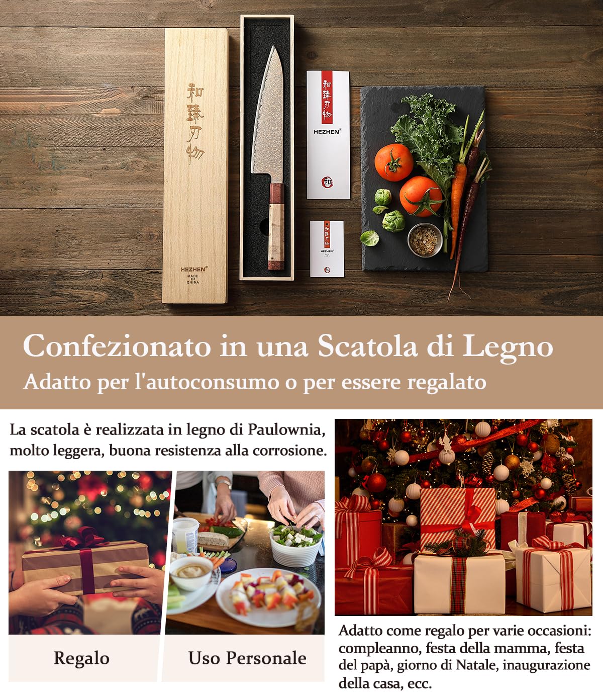 HEZHEN Coltello da Chef in Acciaio Damascato Rame, Professionale Coltello Damasco in Stile Giapponese, Manico Ottagonale in Legno