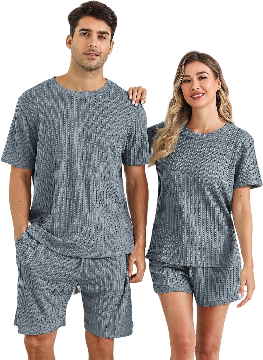 EISHOPEER Womens Ribbed Knit Lounge Set Short Sleeve Top and Shorts Sleepwear Pajama Set Blue Grey