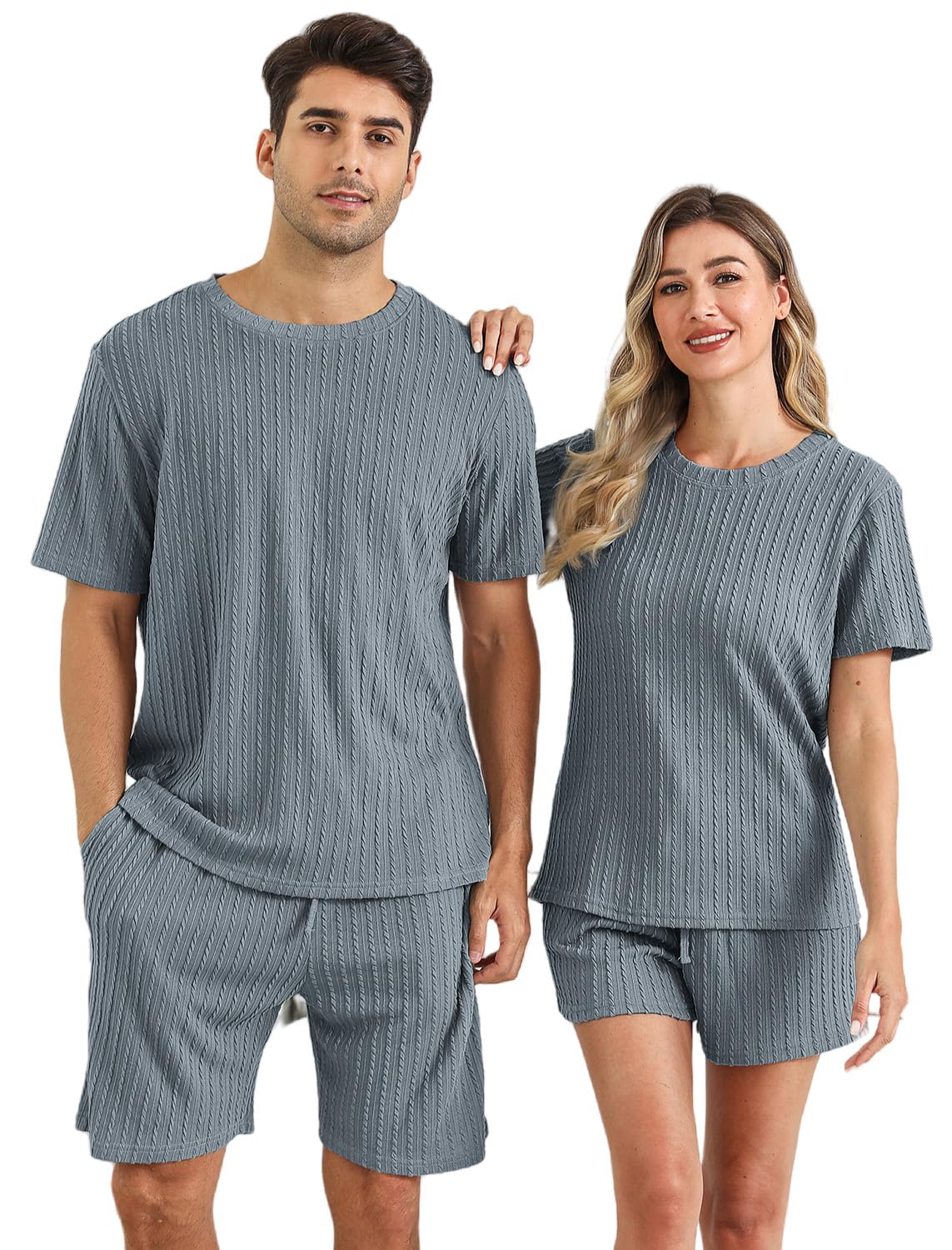 Photo 1 of EISHOPEER Men's Ribbed Knit Pajamas Set 2 Piece Loungewear Casual Sweatsuit Short Sleeve Tops with Drawstring Shorts Blue Grey X-Large