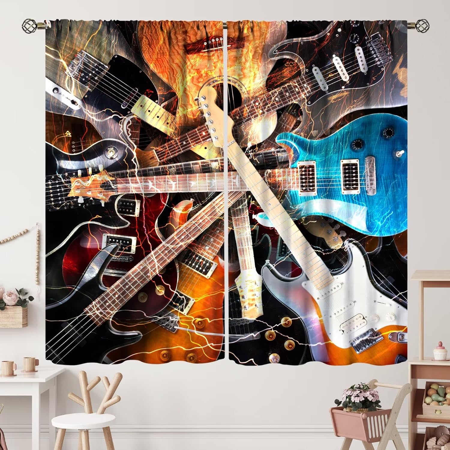 Lightning Guitar Music Curtains Instruments Kinds of Guitar Musical Theme Curtain with Rod Pocket for Bedroom Living Room Home Decor Drapes Window Treatments 2 Panels Set 42x63in