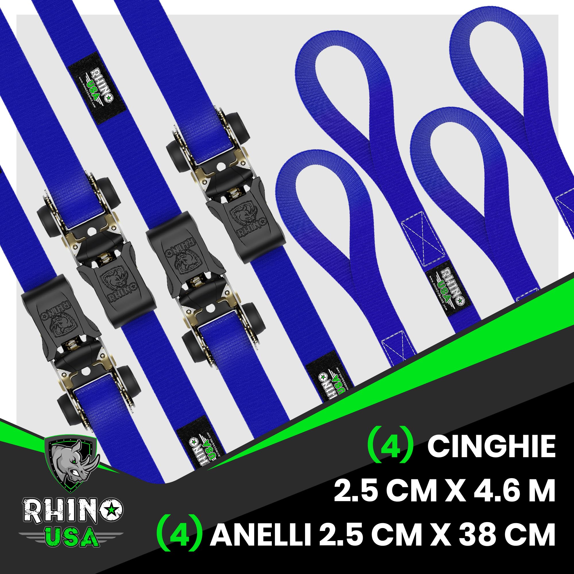 Cinghie A Cricchetto Rhino USA Per Moto - 2 Pezzi Da 1000kg - Ganci A S Con Sicura - Verde - Foto 7