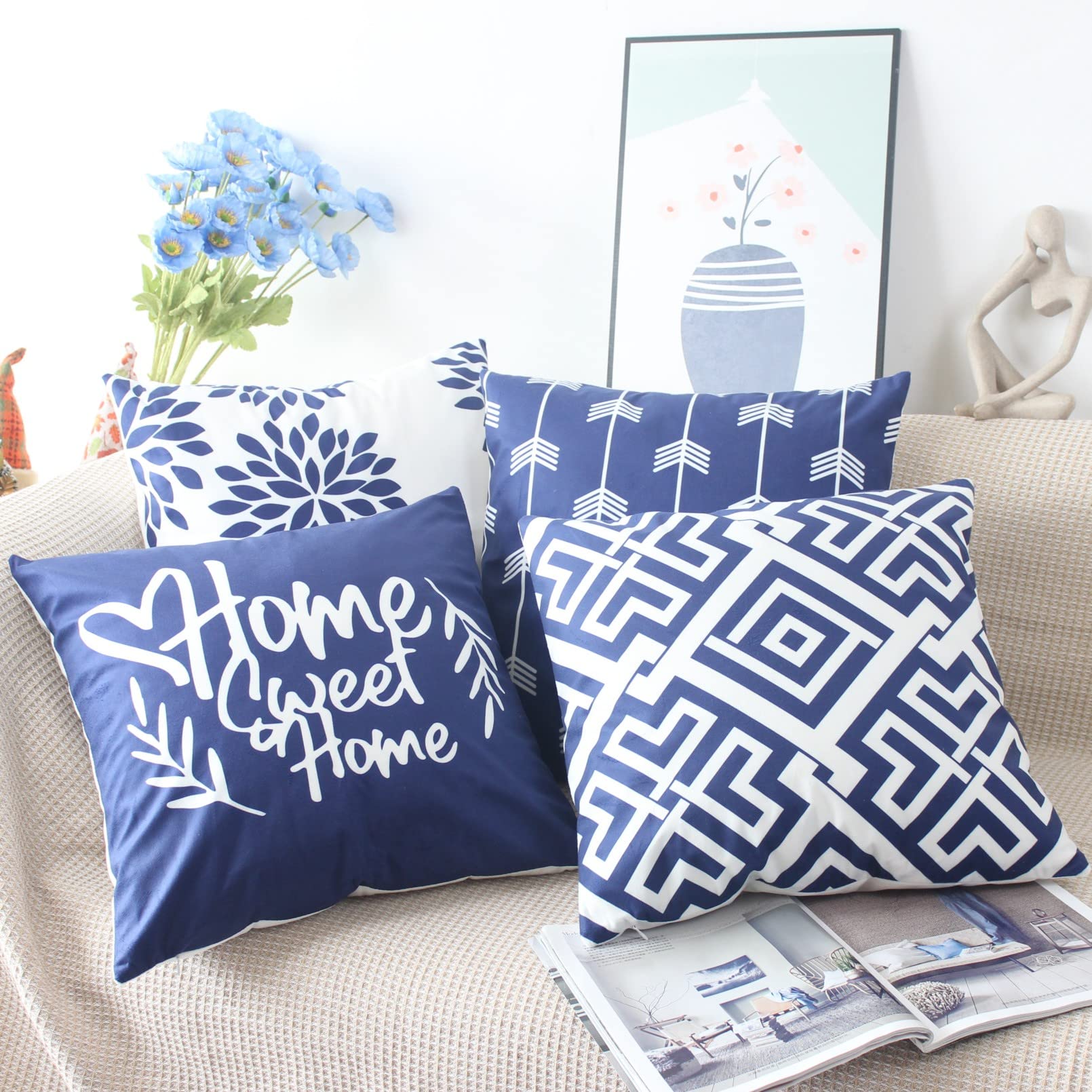 Penguin Home Set Of 4 100% Slub Cotton Fabric Cushion Covers 45cm X 45cm Double Sided Square Pillow Covers With Invisible Zipper Pillow Cases For Living Room, Bedroom, Sofa (Orange/Grey