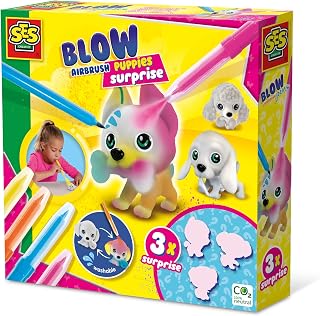 SES Creative 14333 Blow Airbrush Pens-Welpen Surprise 3X, Diverse Farben
