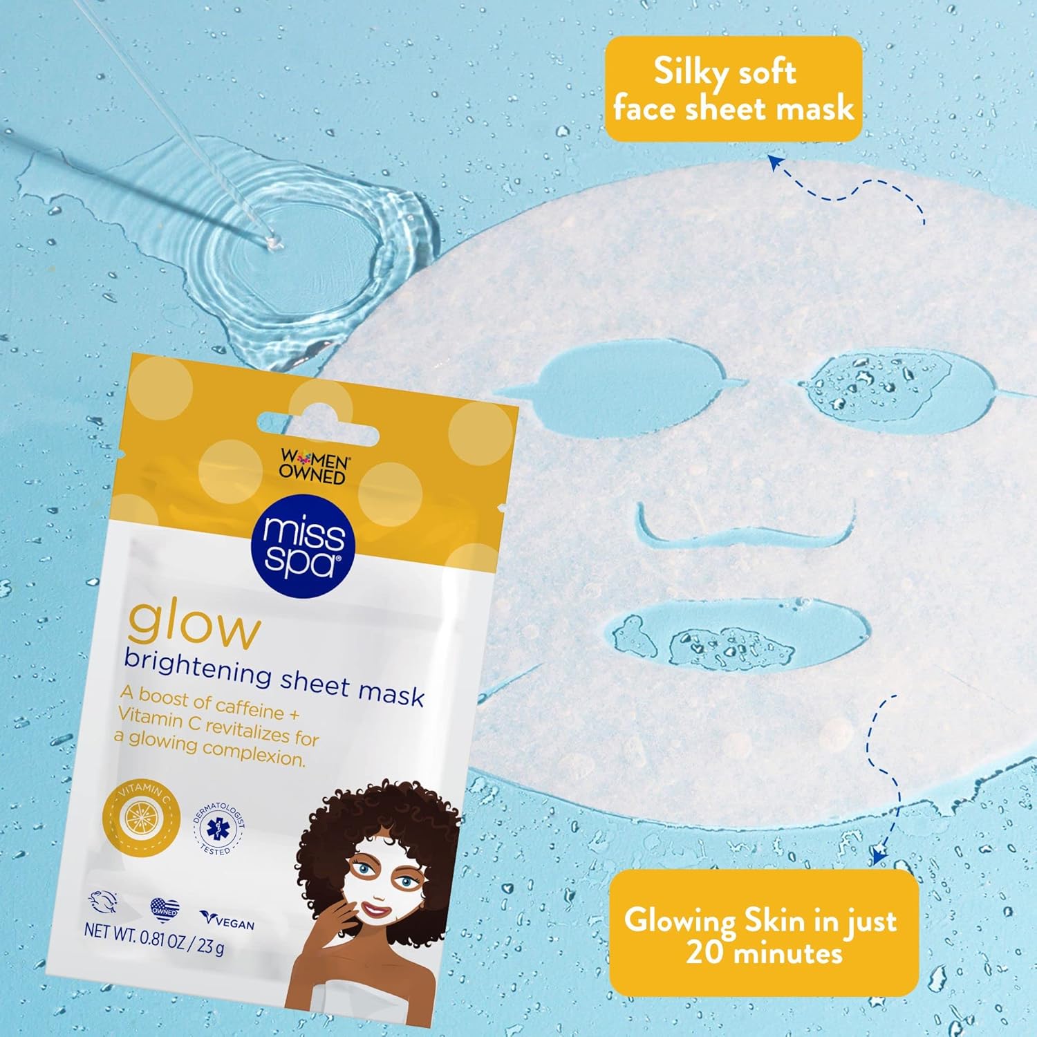 MISS SPA Face Mask Skin Care Set, Glow Brightening Sheet Mask, Anti-Aging Face Mask with Vitamin C and Caffeine to Fade Dark Spots, Hydrating Glowing Skin Care, 4 Pack - Image 6