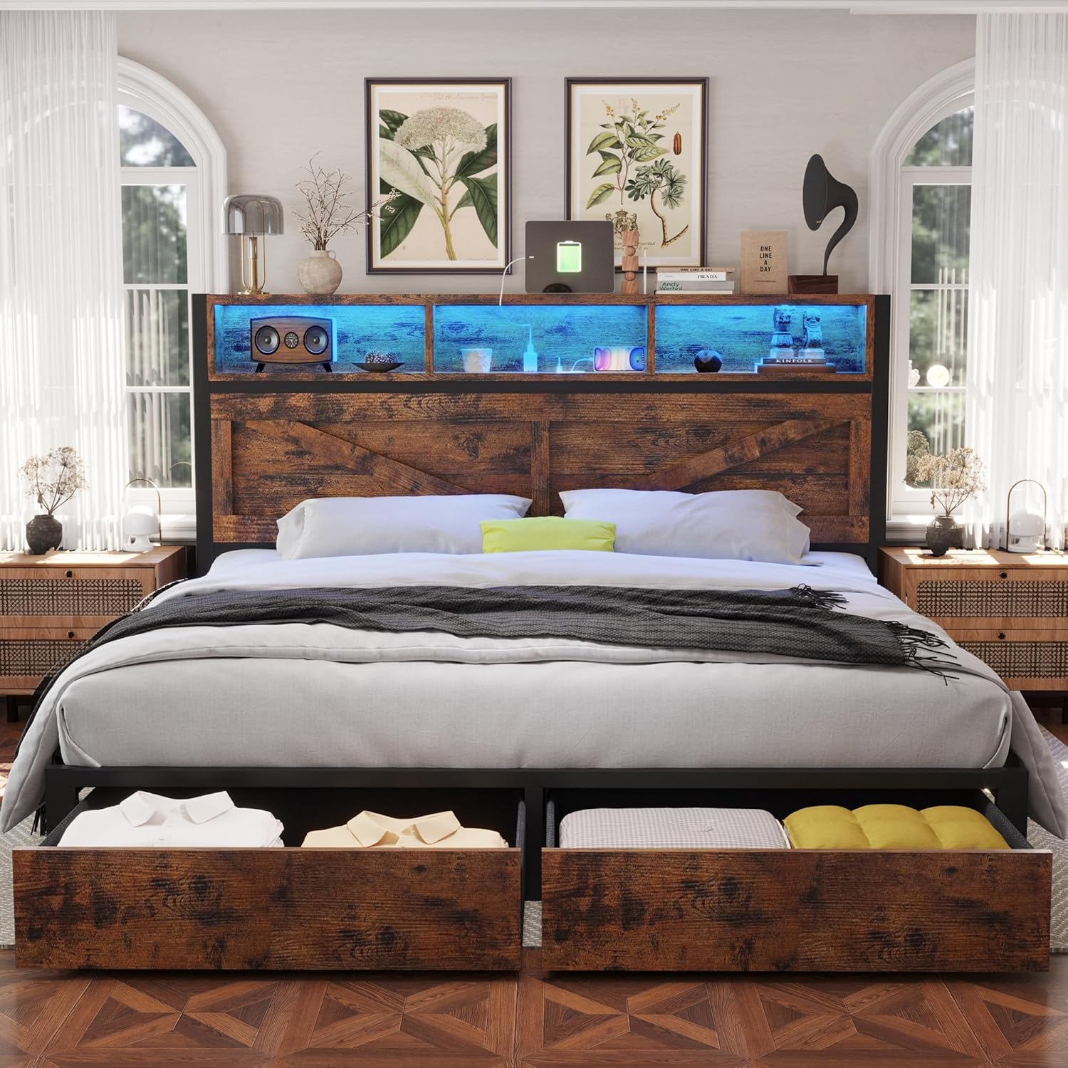 Farmhouse King Bed Frame with Bookcase Headboard and Storage Drawers, LED Lights and Charging Station, No Box Spring Needed, Noise Free, Rustic Brown King Rustic Brown