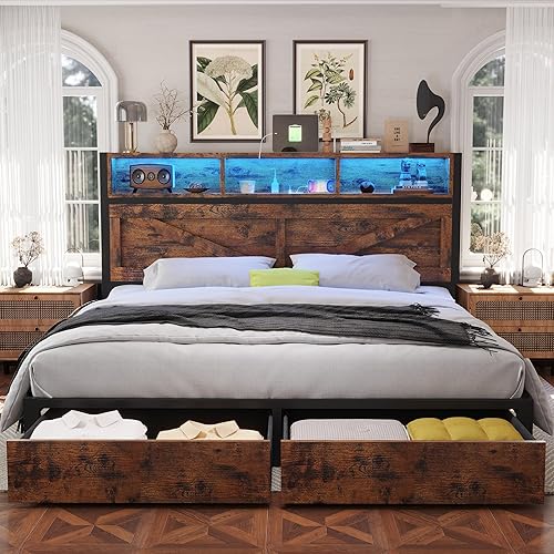 Miniatura 10 de Marco de cama Queen de granja con cabecero de estantería y cajones de almacenamiento, luces LED y estación de carga, no necesita somier, sin ruido,