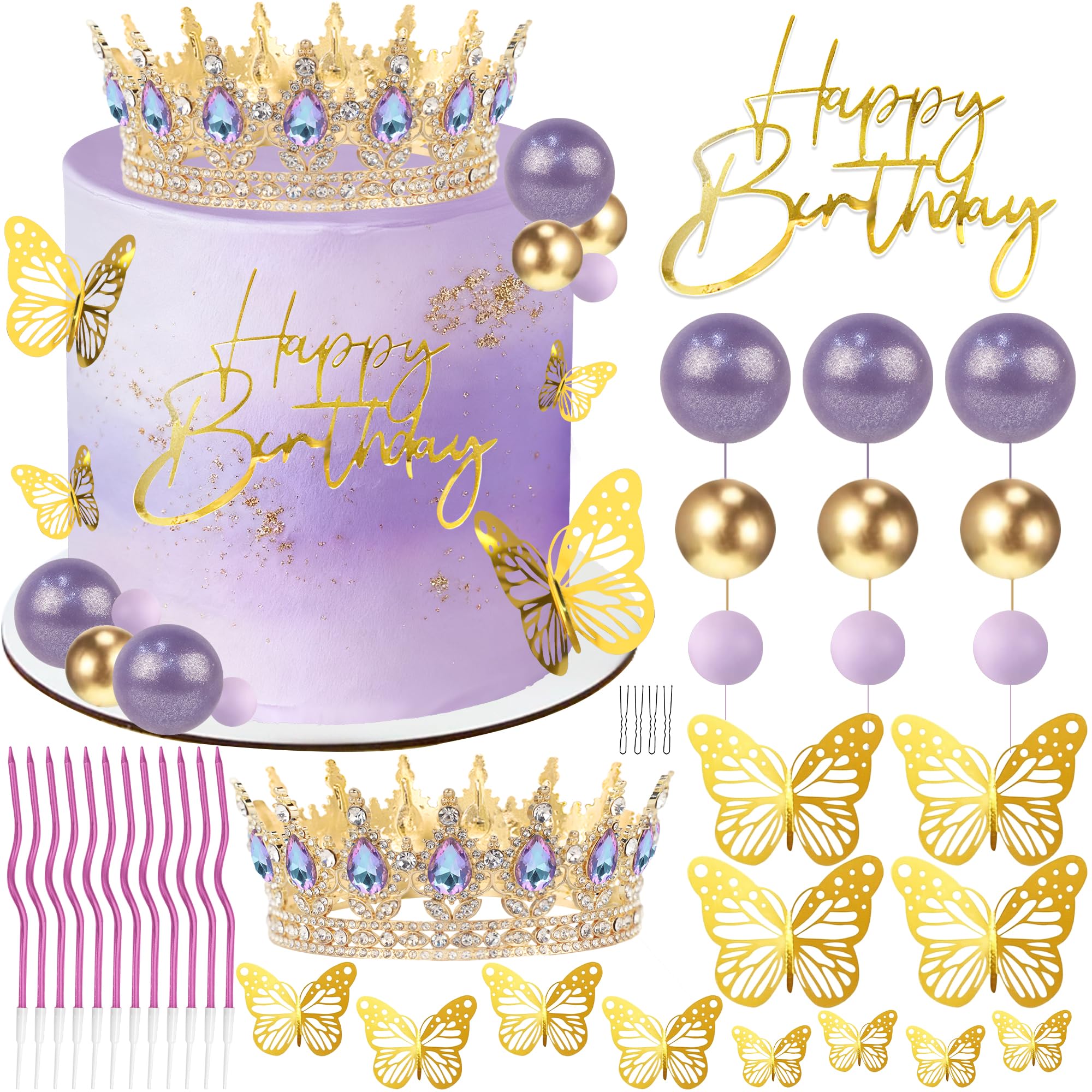 Happy Birthday Crown Cake Topper Candles Butterfly Balls Decoration