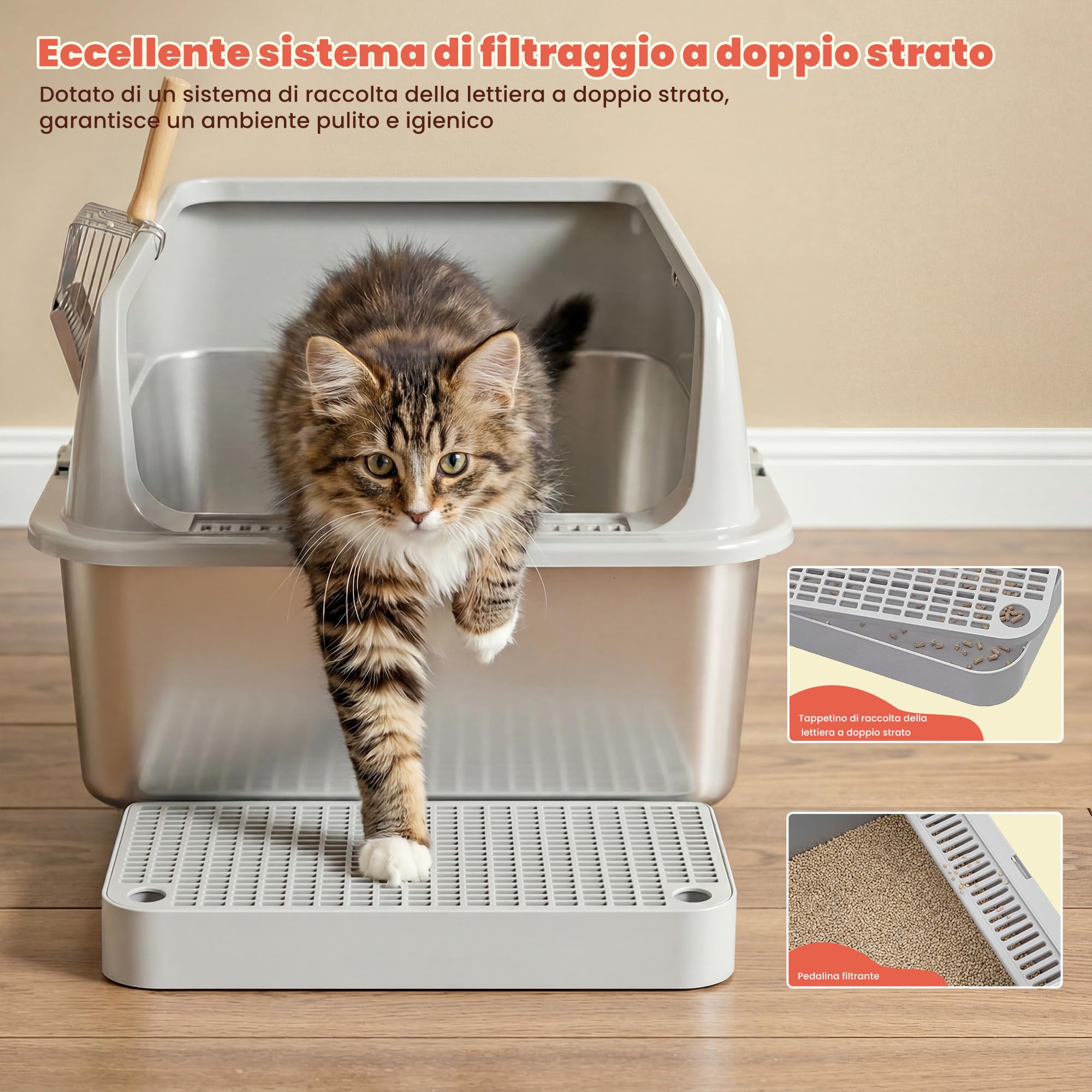 XL Lettiera Gatto Acciaio Inox – Lettiera Gatto Aperta con Bordi Alti & Ingresso Basso, per Gatti Grandi senza Coperchio, Antigocce & Antifuga con Chiusura a Scatto, con Griglia