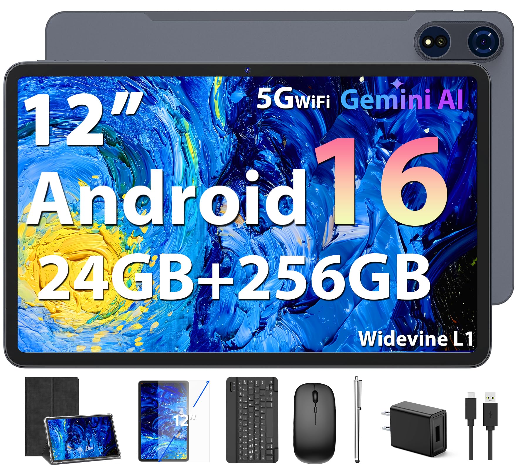 2026 12 Inch Android 16 Tablet with Keyboard, 24GB+256GB+2TB Expand, 2K Gemini AI Tablet with 5G WiFi, Octa-Core, 8000mAh, BT5.0, 16+8MP, 2 in 1 Tablets PC with Case, Mouse, Stylus (Black Case)