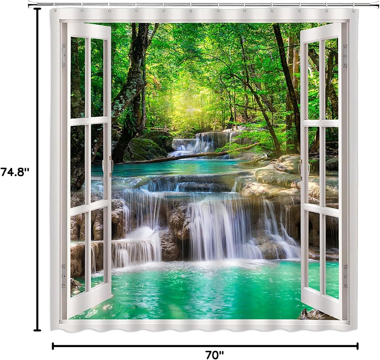 Waterfall Shower Curtain Nature Scenery Green Forest Tree Lake Fabric Bathroom Decor with Hooks(74.8" Wx70 H)