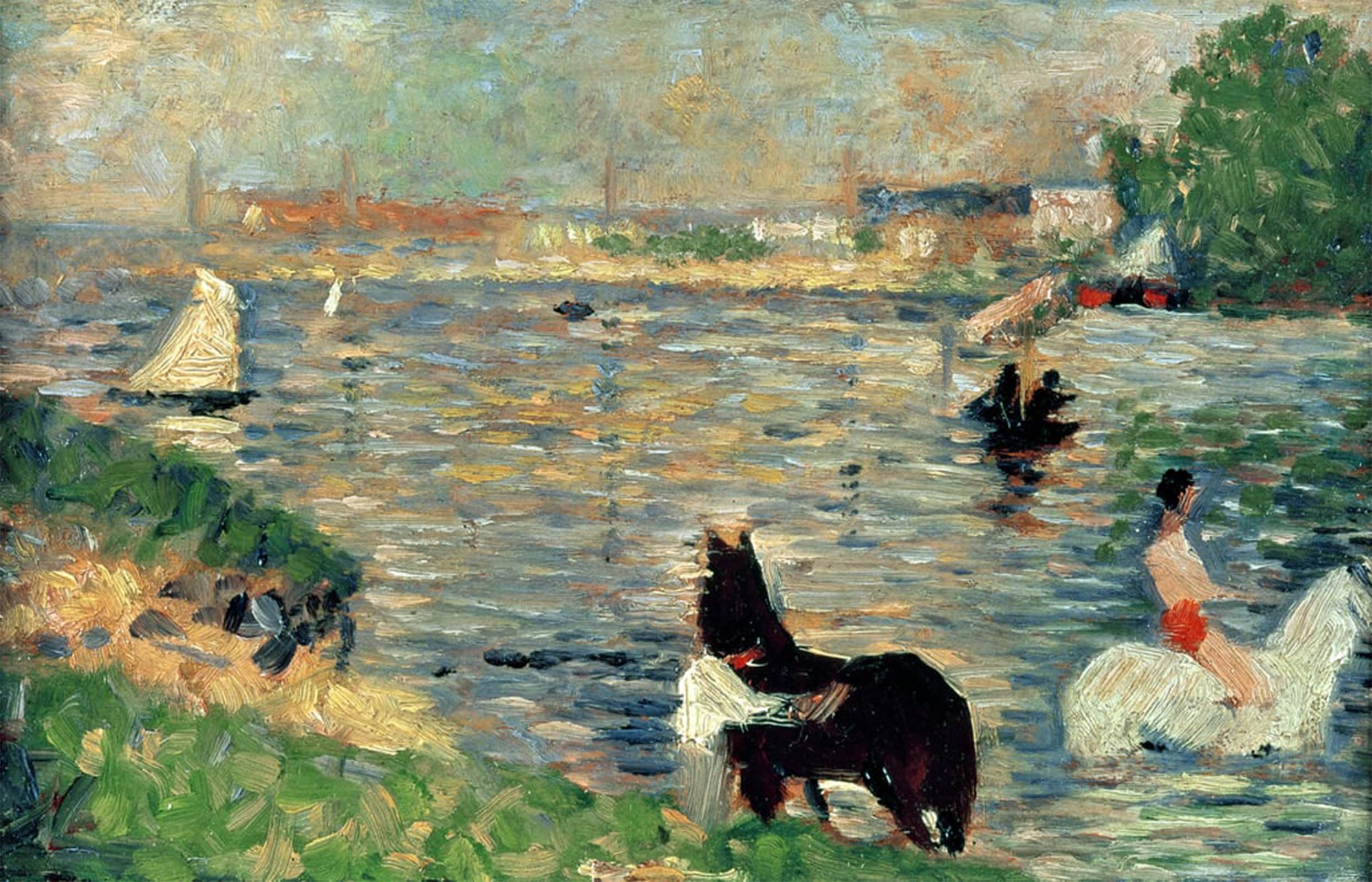 ARTXLXXBN Famous Print Painting Colorful Art Print Horses in a River by Georges Seurat Canvas Art Decorations for Home Decor 60x90cm