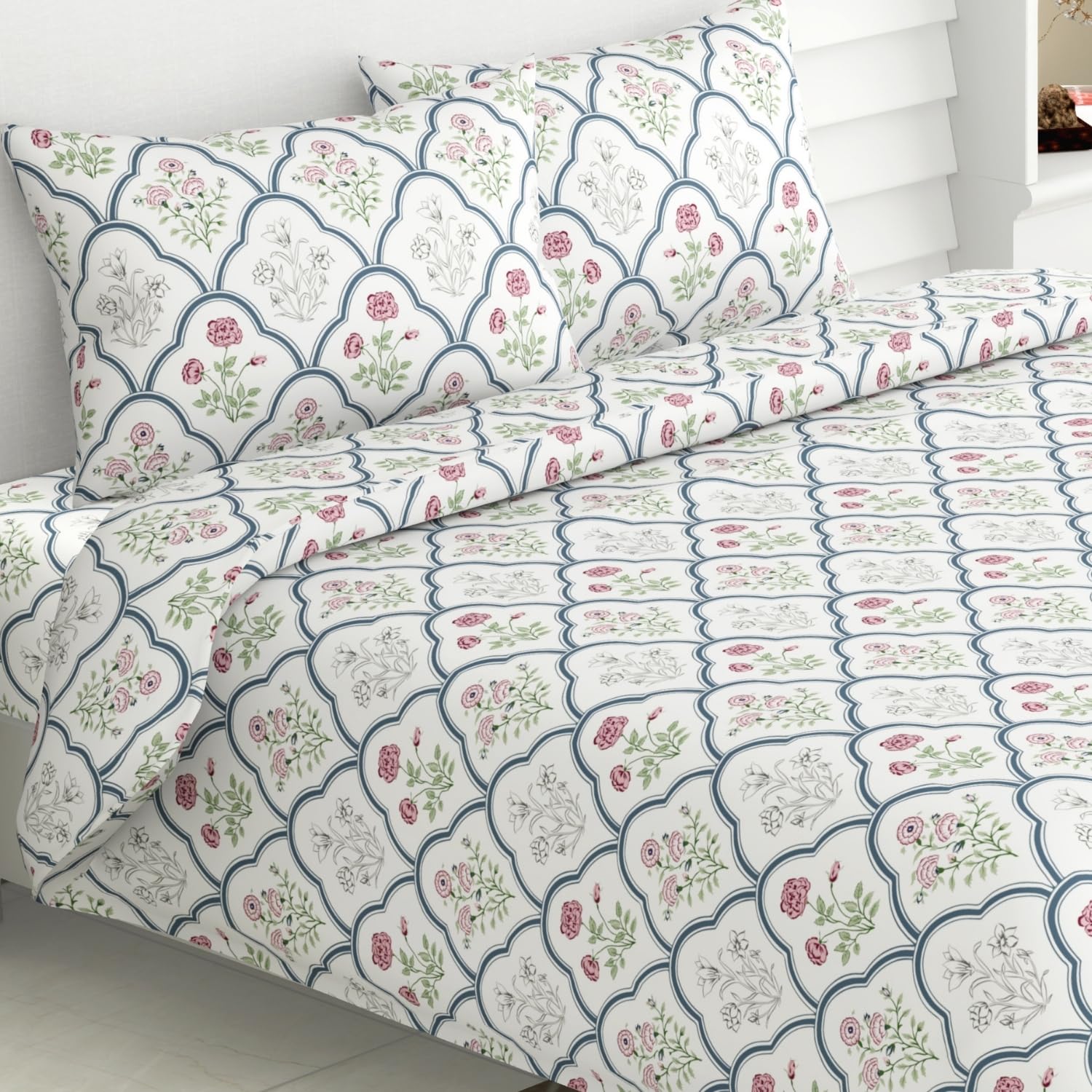 haus & kinder King Size Bedsheet with 2 Pillow Covers, 186 TC Cotton Bedsheet for Double Bed King Size 108X108 Inches Flat Bed Sheet | Classic Trellis, White