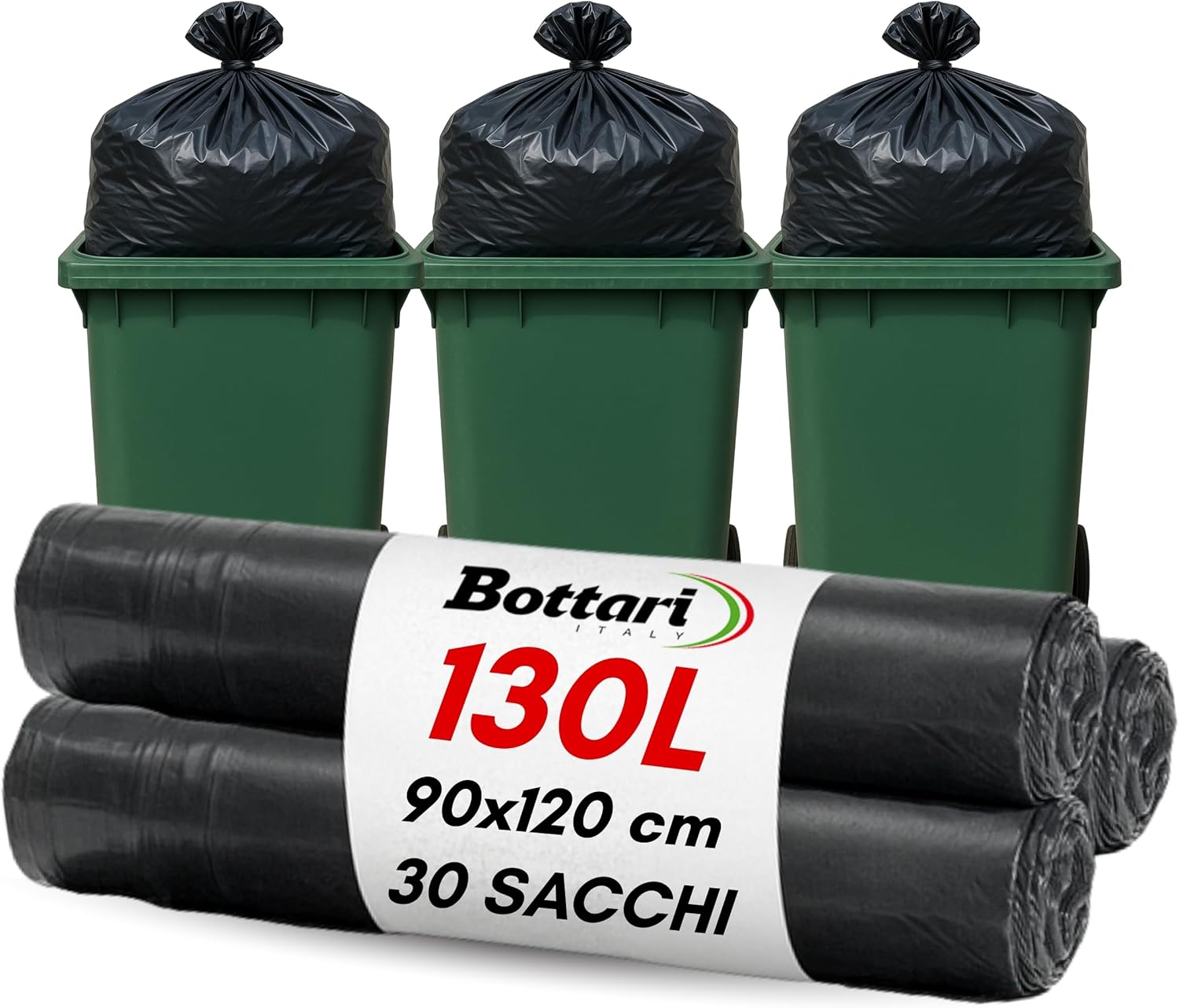 Bottari 30 Sacchi Spazzatura Grandi, 90 x 120 cm, Nero, Sacchi Spazzatura Pesanti, Super Resistenti, 3 Rotoli da 10 Pezzi