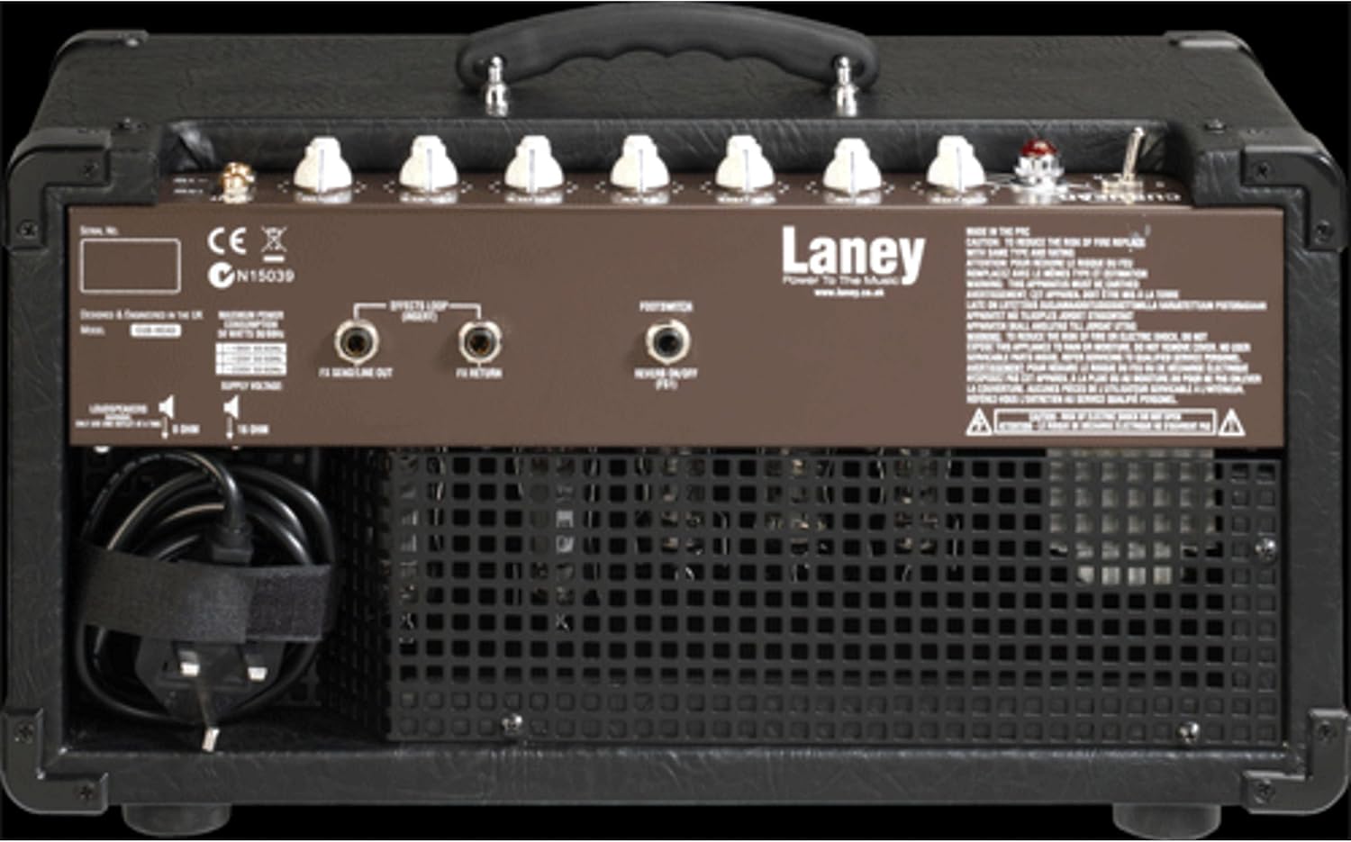 Laney CUB-Head front control panel with knobs for Reverb, Tone, Volume, Bass, Middle, Treble, Gain, and input jacks.
