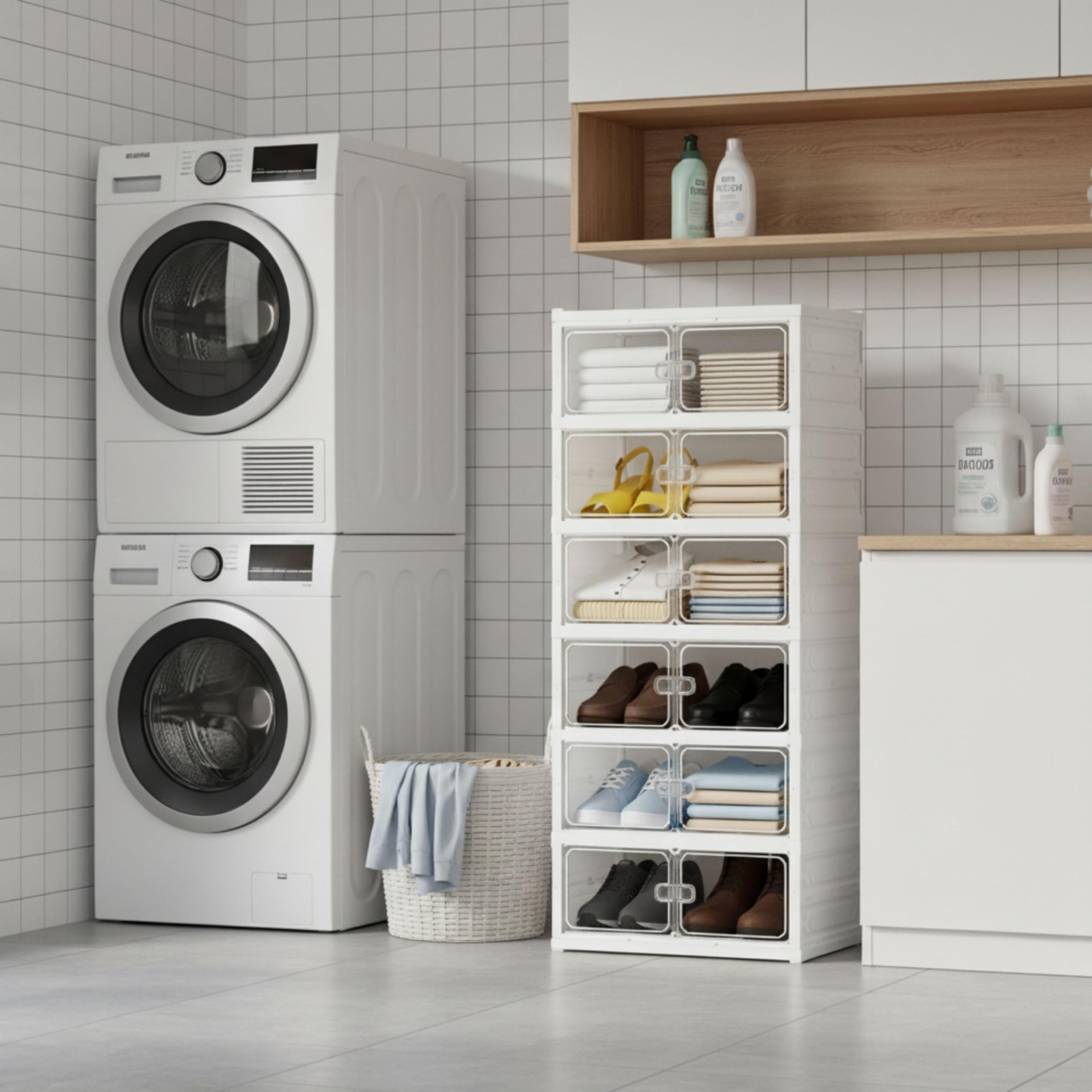 YASTA Scarpiera Moderna Salvaspazio, Mobiletto Porta Scarpe a Incastro, 6 Scomparti con Ante Trasparenti, Organizer Armadio Pieghevole, Scatole per Scarpe Impilabili, Design Modulare Salva Spazio