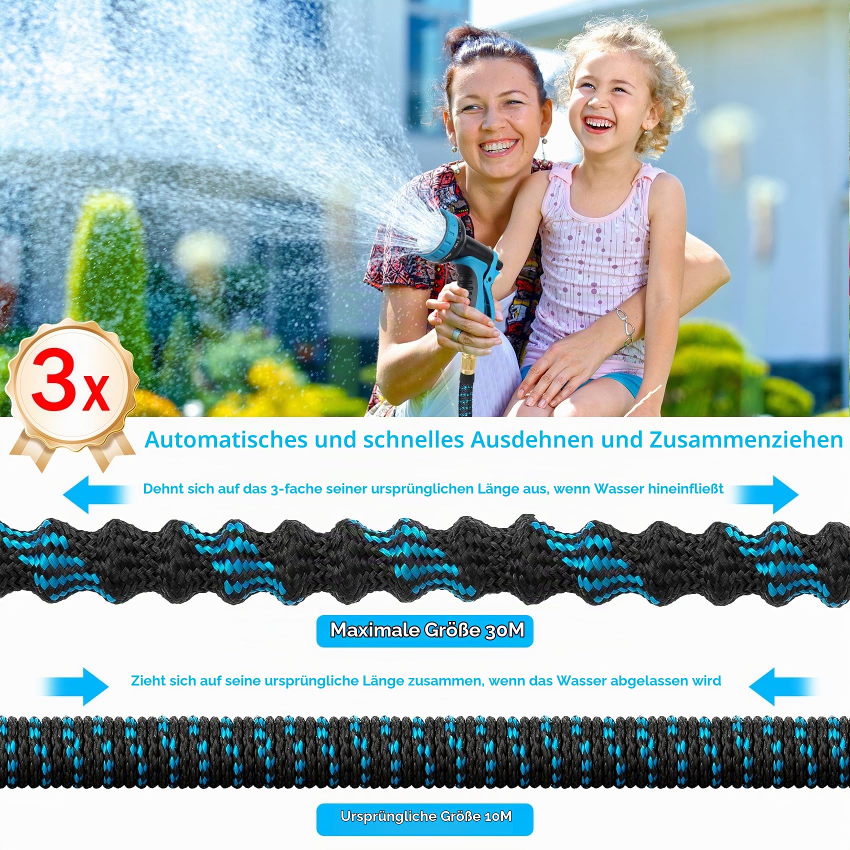 Gartenschlauch Flexibel 30m, Flexibler Gartenschlauch Dehnbarer mit 10 Funktions Gartenbrause, 1/2" 3/4" Adapter, Wasserschlauch Flexibel Schlauch Flexschlauch Garten für Gartenbewässerung Autowäsche