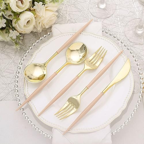 Miniatura 4 de BalsaCircle - Juego de 24 cubiertos desechables de plástico negro y dorado, cuchara, tenedor y cuchillo, suministros de decoración de recepción