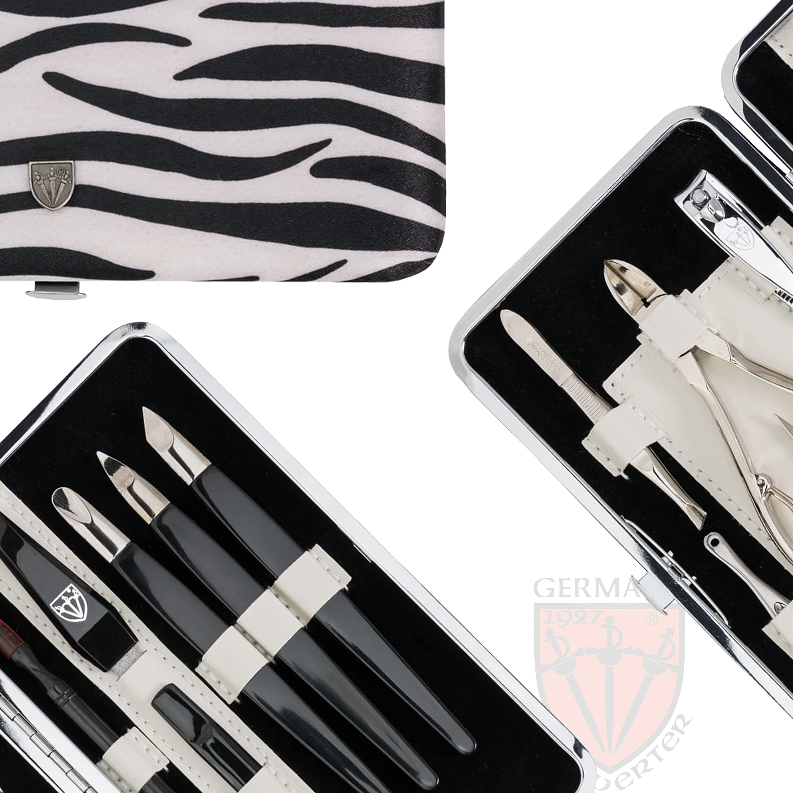 DREI SCHWERTER Germany Maniküreset Nagel Set 'Treviso' - 11-tlg. aus Textil im Zebralook, edles Rahmentui, Inhalt: Nagelzange, Hautschere, Pinzette, Saphirnagelfeile und vieles mehr!