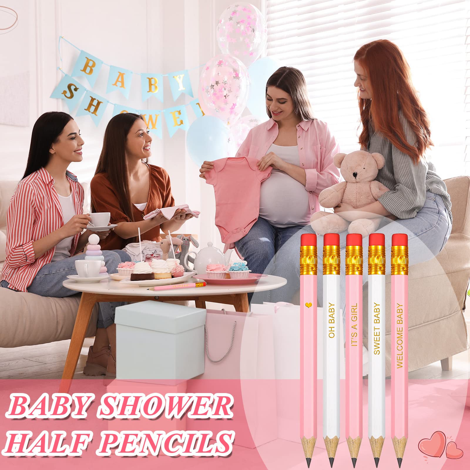 50 sztuk ołówków na baby shower, zaostrzone ołówki z gumkami, na baby shower, wstępnie naostrzone, drewniane ołówki, do szkolnych przyborów biurowych, 10 cm (różowe, białe, styl dziewczęcy)
