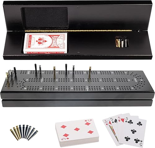 WE Games Juego de mesa de madera con almacenamiento, juego de cartas continuo de 3 pistas manchado negro para 2-3 jugadores