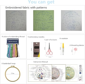 Zeeorymn Embroidery Kit for Beginners,3-Pack Embroidery Starter Kit Including 31 Stitches Learning Step-by-Step Guide, Including Pre-Patterns, Threads, Needles and Hoop, Craft Kits for Adults