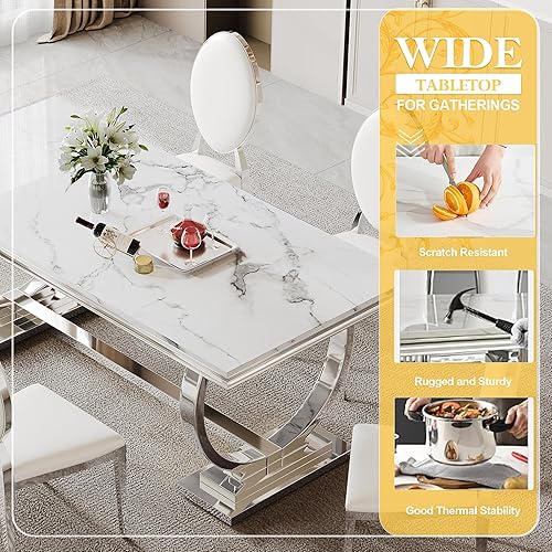 Miniatura 6 de Juego de mesa de comedor de mármol sintético de 70 pulgadas para 6, mesa de cocina grande y sillas de cuero sintético blanco, mesas de comedor Plata