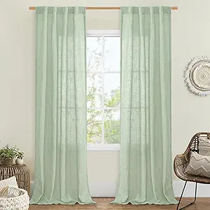 LAMIT Fresh Green Linen Curtains for Living Room, 84 inch Length Light Filtering Semi Sheer Drapes Back Tab and Rod Pocket Farmhouse Panels for Bedroom, 2 Panels, 34 x 84 Inch