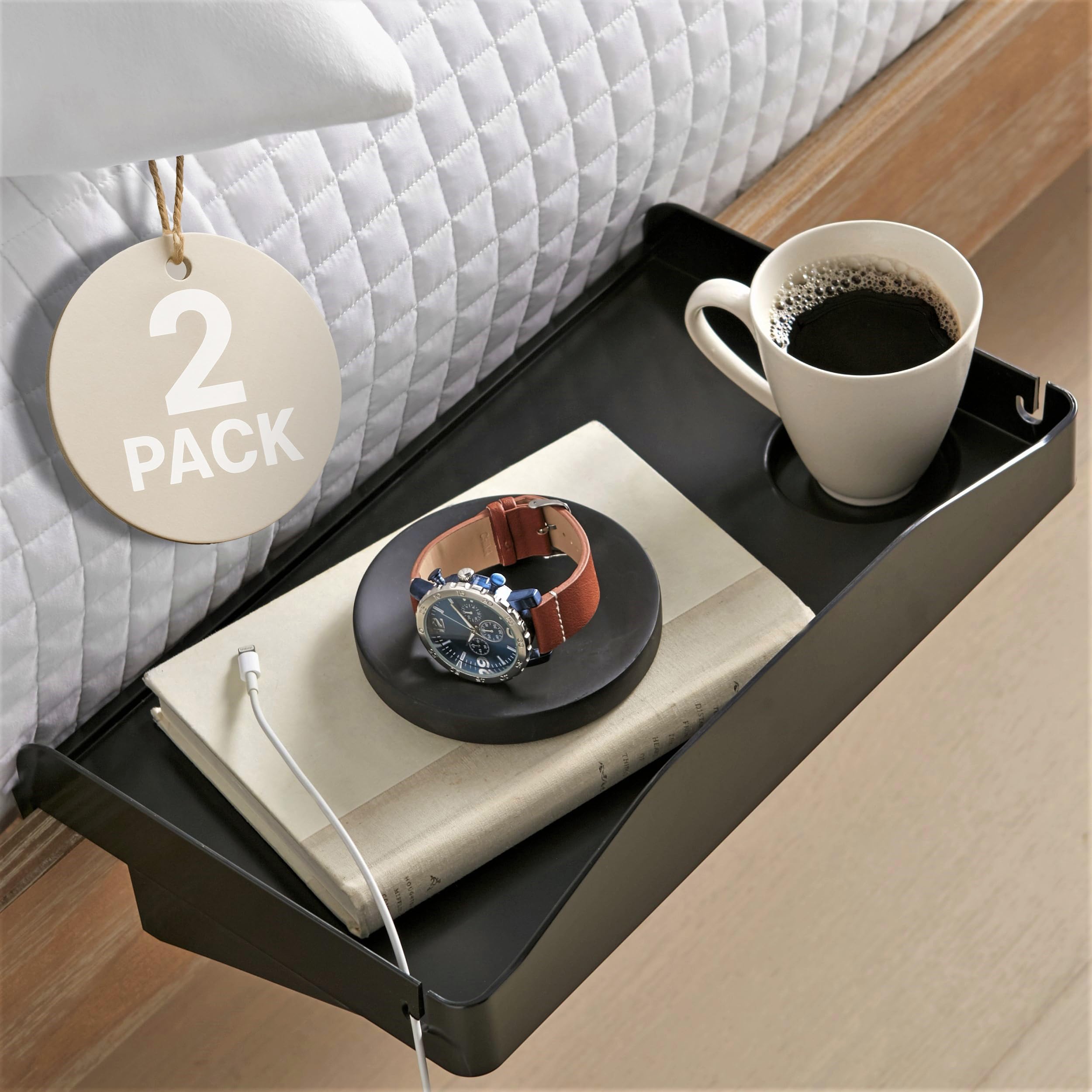 Modern Innovations 2 Count Bedside Organizer for Bed – Clip On Tray with Cup & Cord Holder – for College Dorm, Top Bunk, or Kids Bedroom (Black)