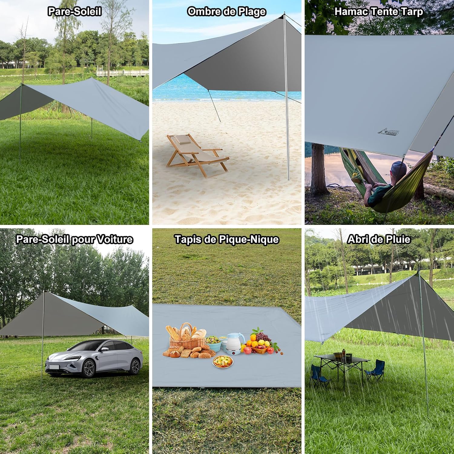 WADEO Bâche Anti-Pluie Plus Size 3.6x4.8m Camping Rain Tarp Toile Imperméable Légère avec Poteaux (Gris)
