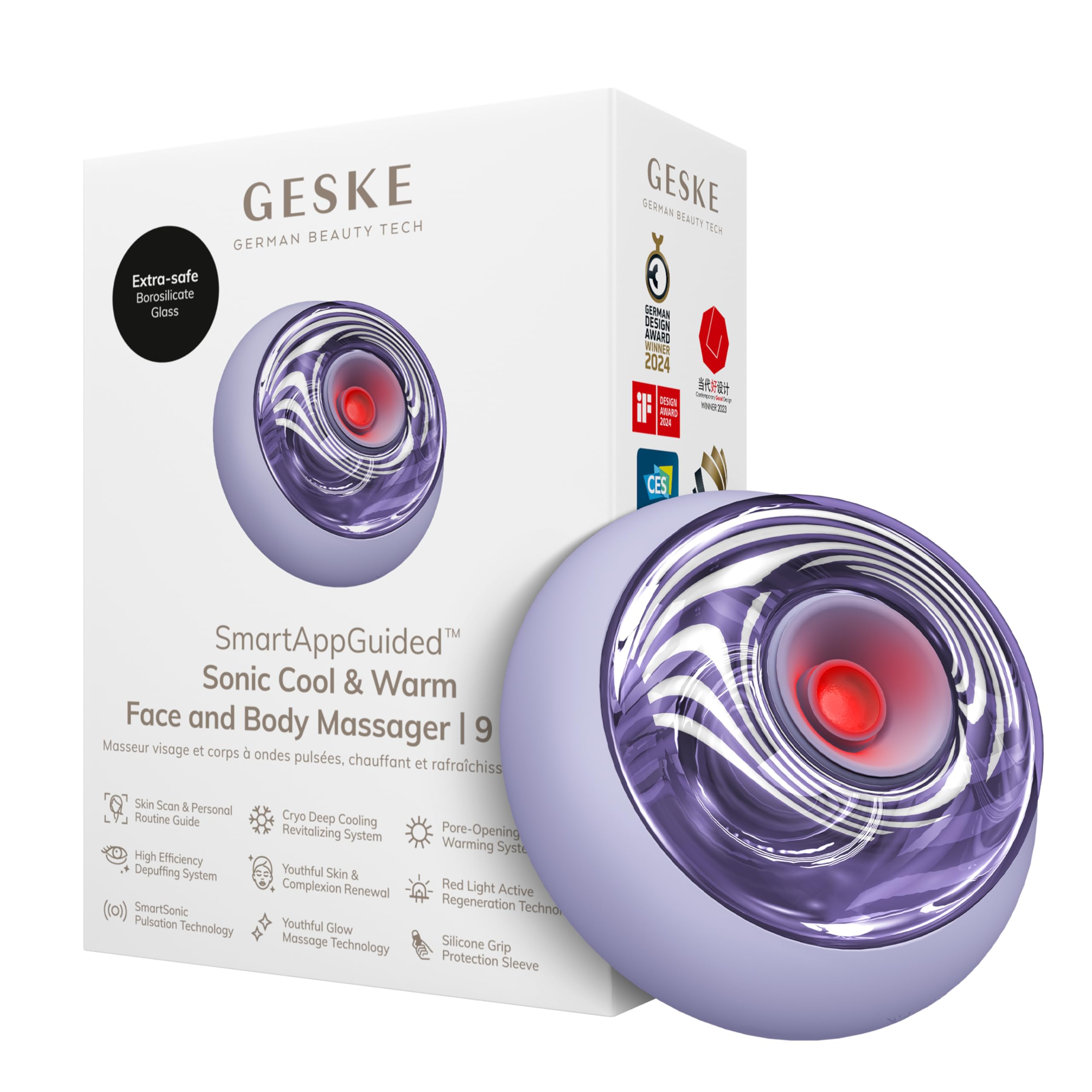 GESKE Sonic Cool & Warm Face & Body Massager | 9 in 1 | Straffend | SmartAppGuided™ | Elektrisches Massagegerät | Gesicht & Körper | Batterielose Wärme- & Kühltechnologie | Entspannend