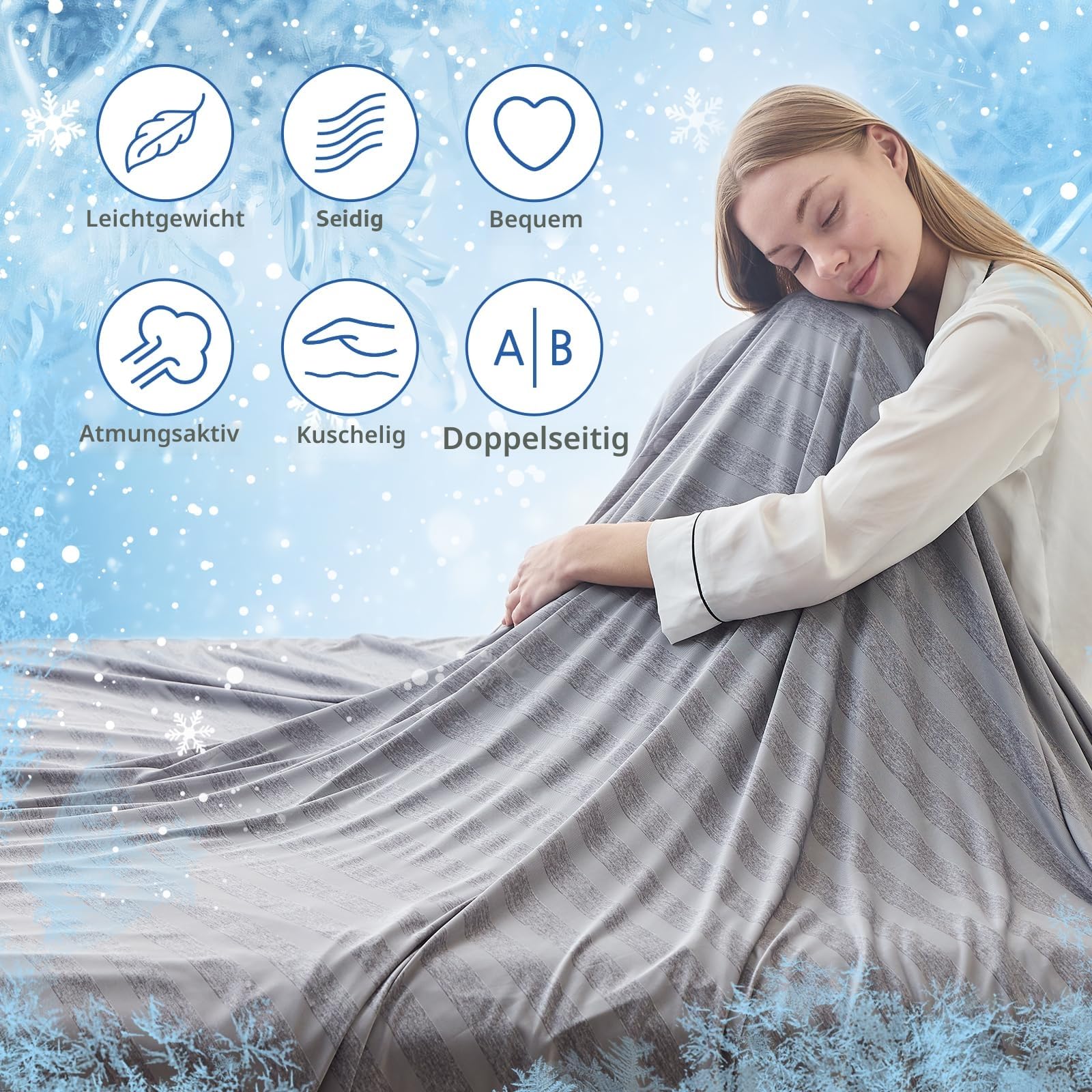 EMME Kühldecke Kühlende Decke, Arc-Chill Q-Max>0,5, 228 x228 cm, 2 in 1 Doppelseitige Dünne Sommerdecke, Leicht Atmungsaktiv Tagesdecken, Sofa Decken,Bettüberwurf Groß Kuscheldecke,Grau Gestreift