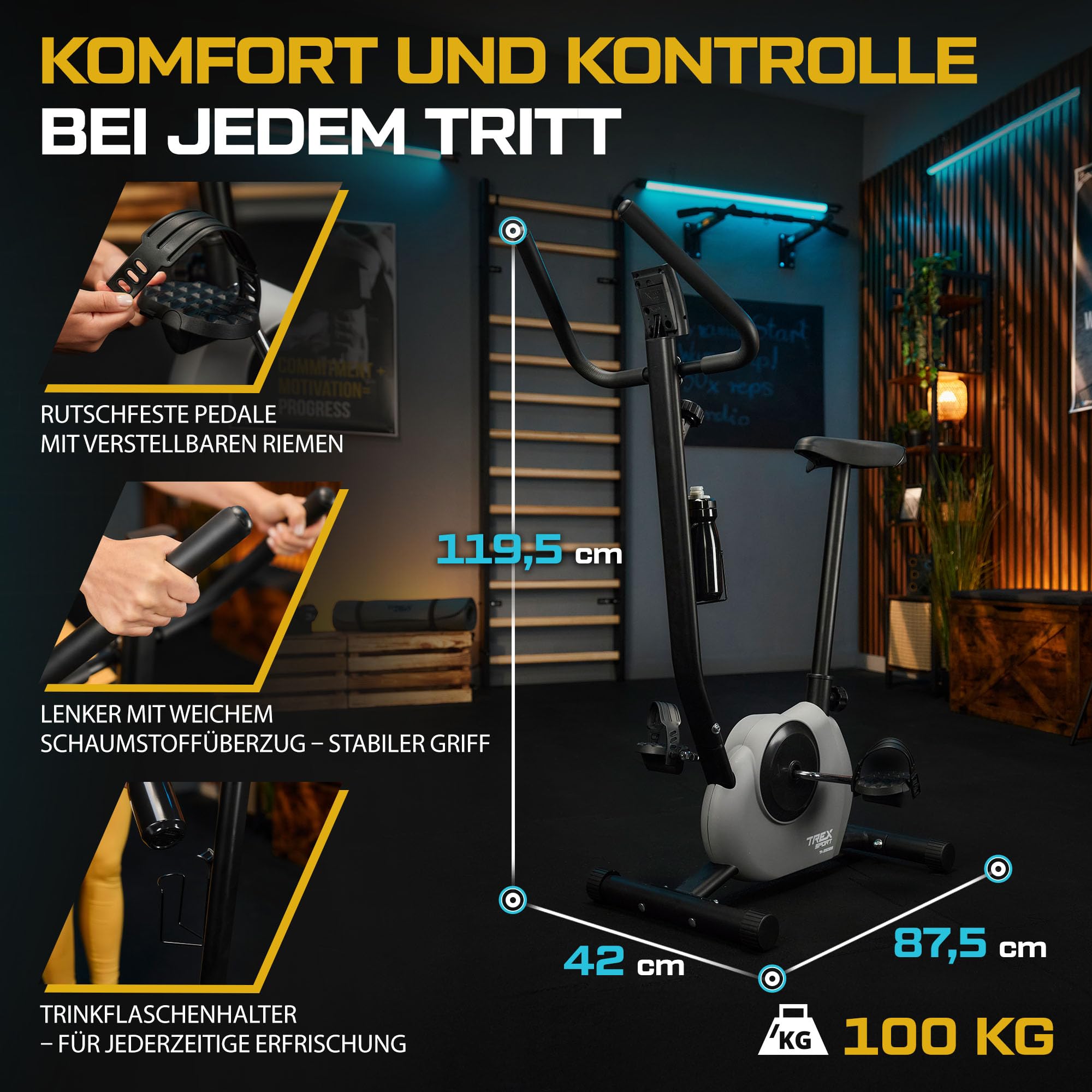 TREX SPORT Heimtrainer Fahrrad JOLT bis 100kg Cardio Fitnessbike Mechanisch | TX-250BB Hometrainer für zuhause, Ergometer mit LCD-Display, Pulssensoren, 5 Sitzhöhen, Schwarz / Grau