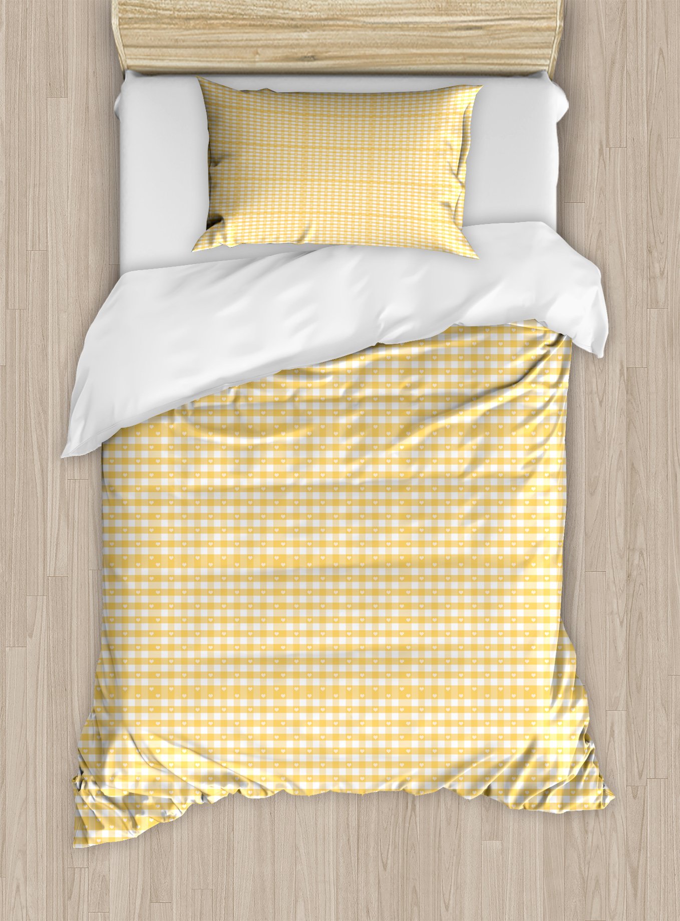 Ambesonne Vintage Duvet Cover Set, Gingham Pattern with Bicolor Checkered Squares with Heart Shaped Motifs, Decorative 2 Piece Bedding Set with 1 Pillow Sham, Twin Size, Mustard and White