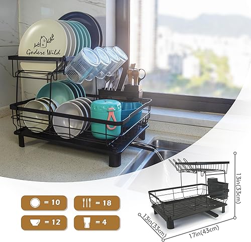 Miniatura 3 de Goderewild Escurridor de platos de hierro de 2 niveles, gran capacidad, escurridor de encimera de cocina con escurridor, boquilla giratoria, soporte