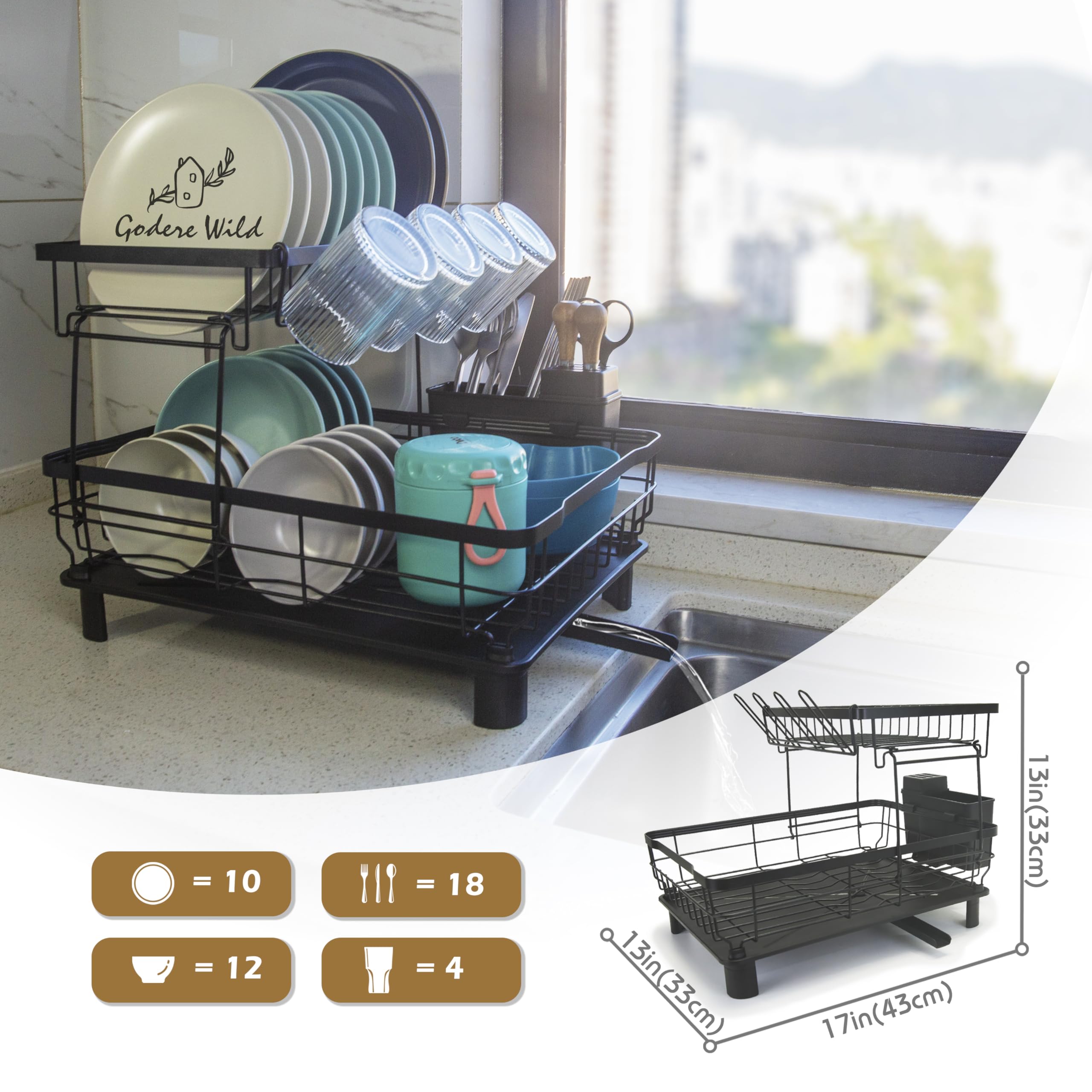 Iron 2-Tier Dish Drying Rack - Large Capacity, Kitchen Counter Drainer ...