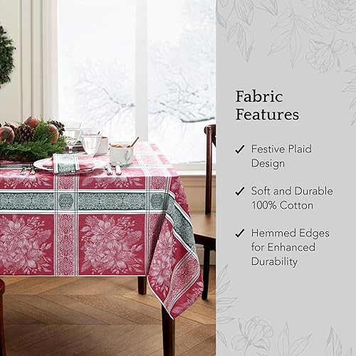 Miniatura 3 de Elrene Home Fashions Mantel de algodón jacquard tejido de Navidad rojo y verde con diseño de flor de pascua, 60 x 120 pulgadas, rectangular,