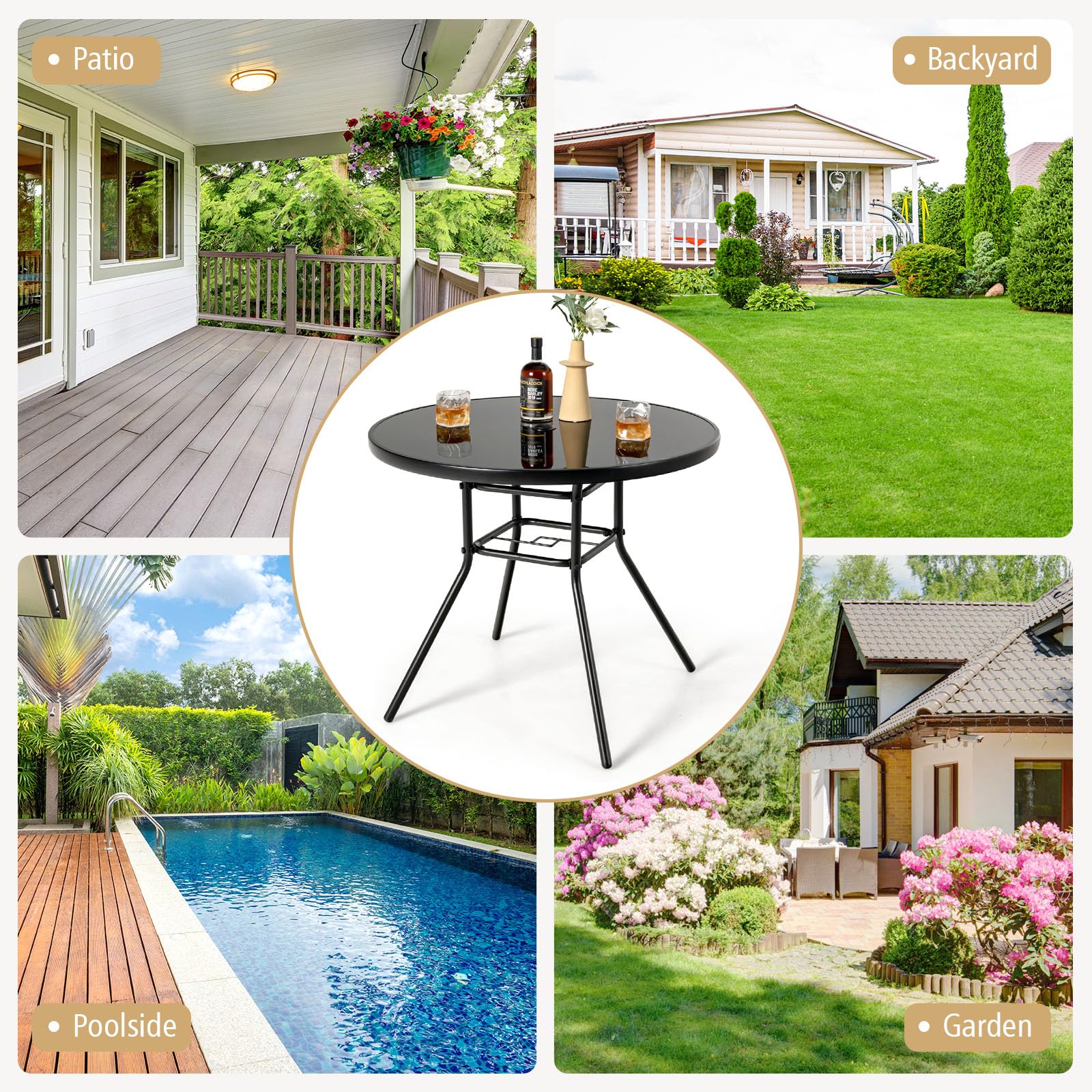 GIANTEX Table Bistrot 86 cm, Table à Manger de Jardin avec Trou pour Parasol de 3,5 cm, Plateau en Verre Sérigraphié, Cadre en Métal, Table d'Appoint Ronde, pour Jardin, Terrasse, Noir