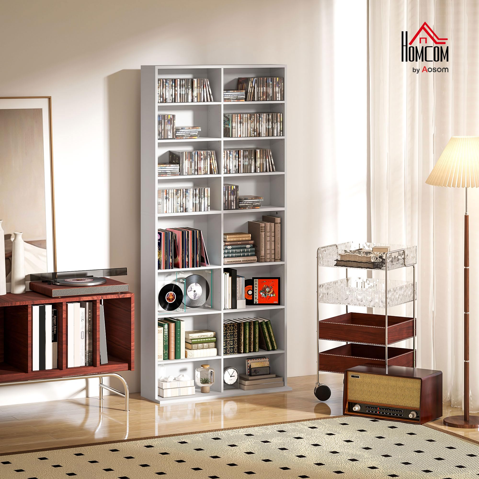 HOMCOM CD- und DVD-Aufbewahrung, Multimedia-Möbel, max. Kapazität 640 CDs/360 DVDs und 430 Blu-ray, 18 Fächer 14 verstellbare Regalböden, für Wohnzimmer, Schlafzimmer, 78,5x24x175cm, weiß