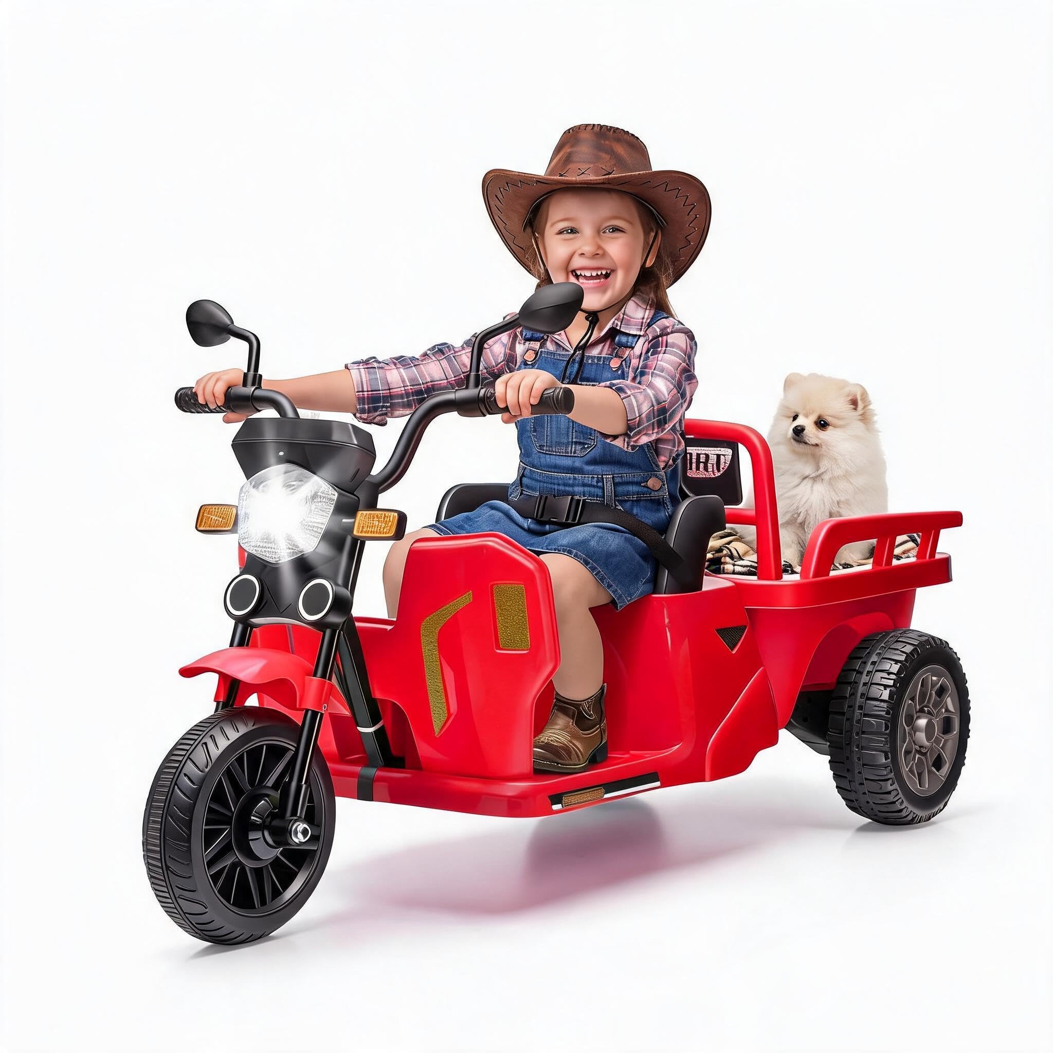 Kids Electric Motorcycle Ride-on ToyLED Lights Music Horn Dump Truck Storage Trailer for Ages 3-8 12V 3-Wheel Battery Powered Trike Red