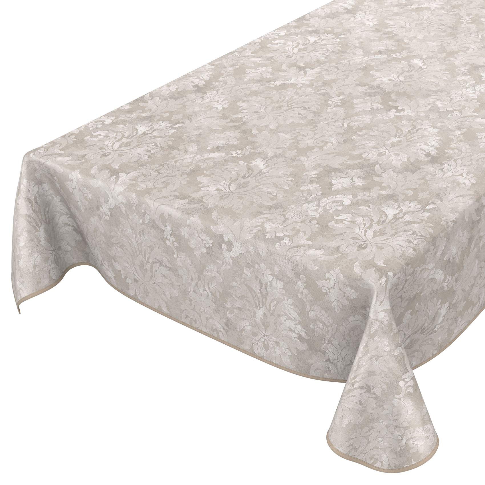 Nappe en Toile cirée Lavable pour Le Jardin, de Forme Ronde, Ovale ou rectangulaire, pour l'intérieur et l'extérieur, Motif Baroque vrillé, Beige-Gris Clair, Ovale, 240 x 140 cm, avec Ourlet, Bordure
