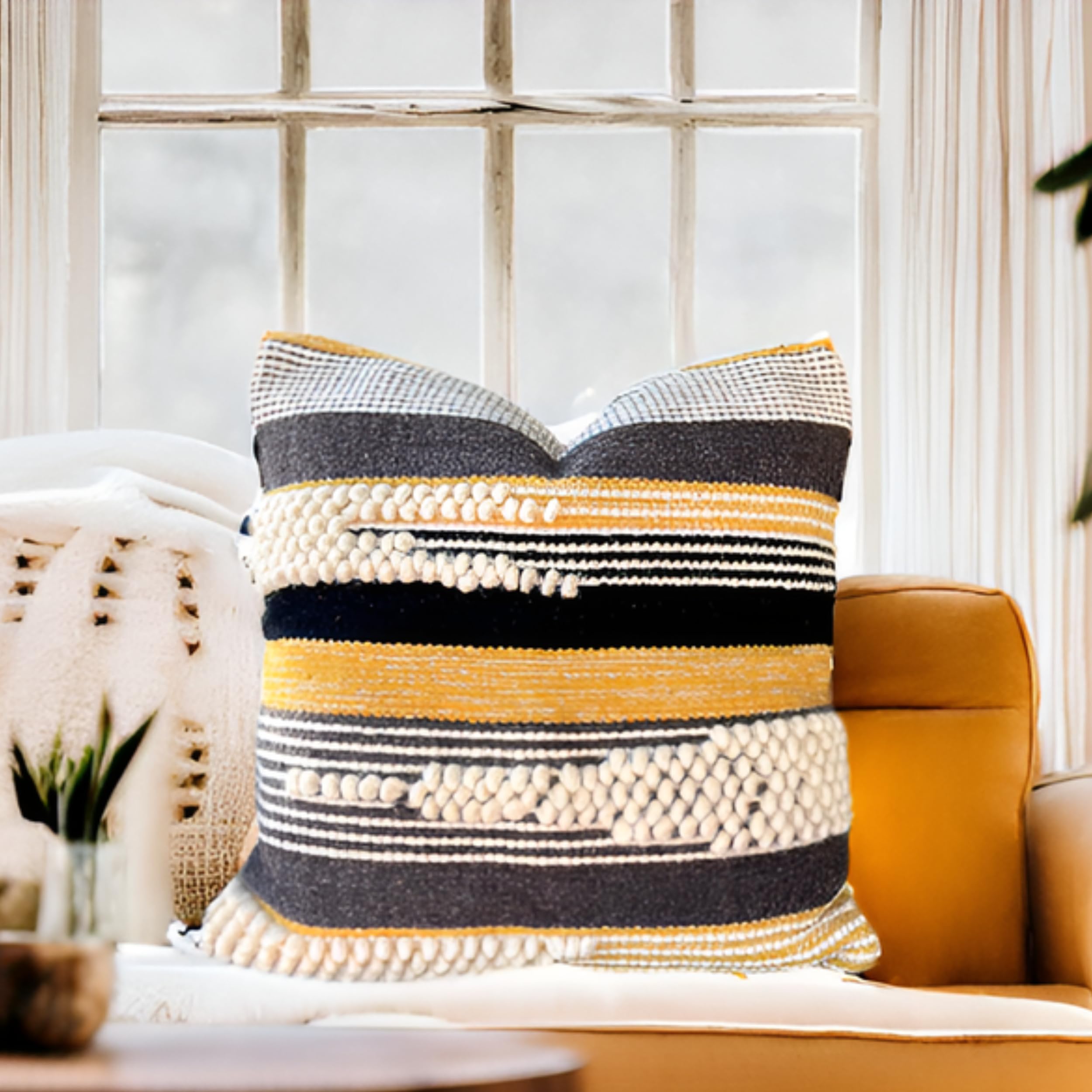 Funda de almohada cuadrada a rayas negras para sofá, cama, sofá, 18 x 18 pulgadas, decoración de otoño para decoración del hogar, estilo bohemio, rústico, decoración del hogar, fundas