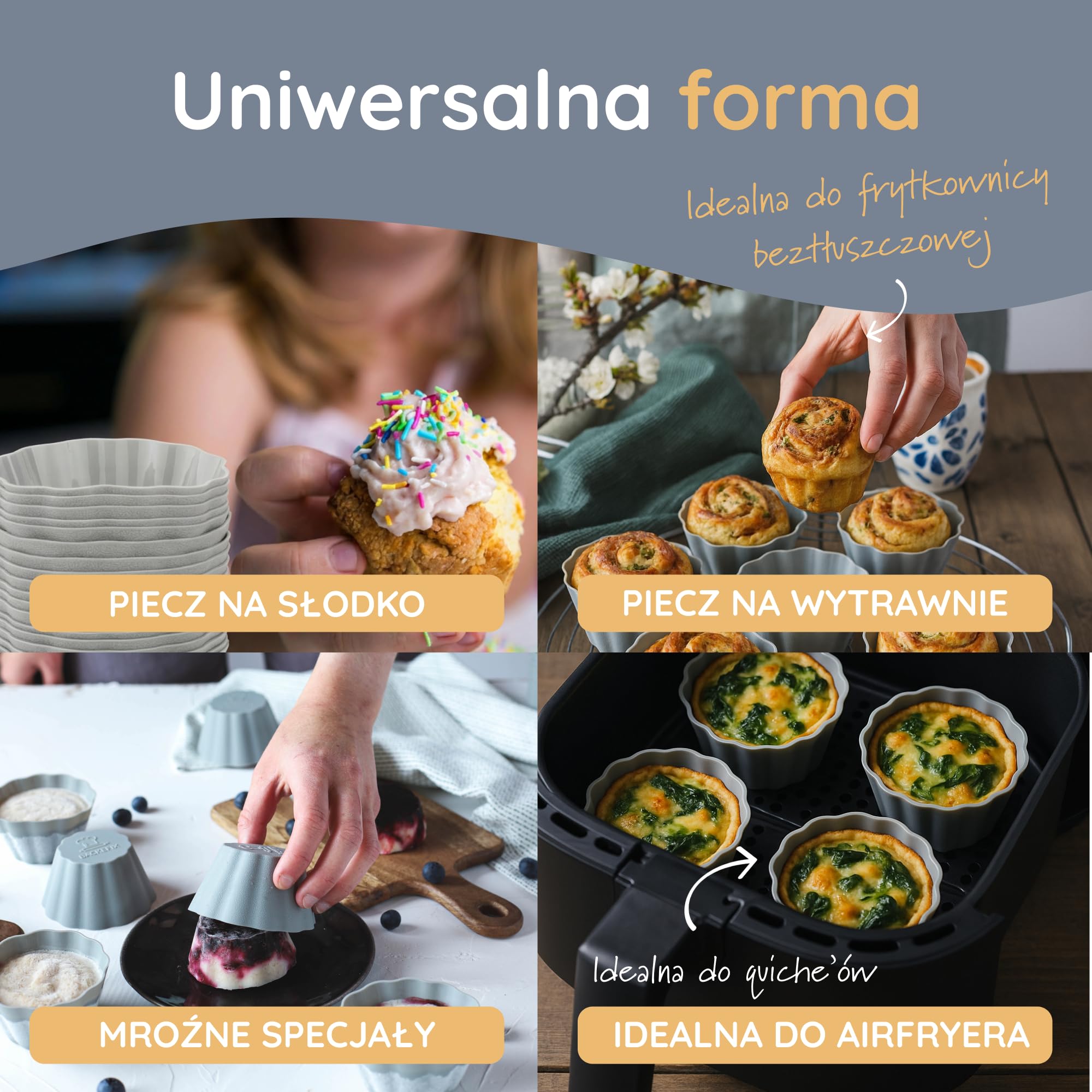 Backefix silikonowe foremki do muffinek zestaw – 24 szt., szare (Ø 6 cm) – nieprzywierające, platynowy silikon, do zmywarki, bez BPA i PFAS – do muffinów, cupcakes, deserów, ciastek