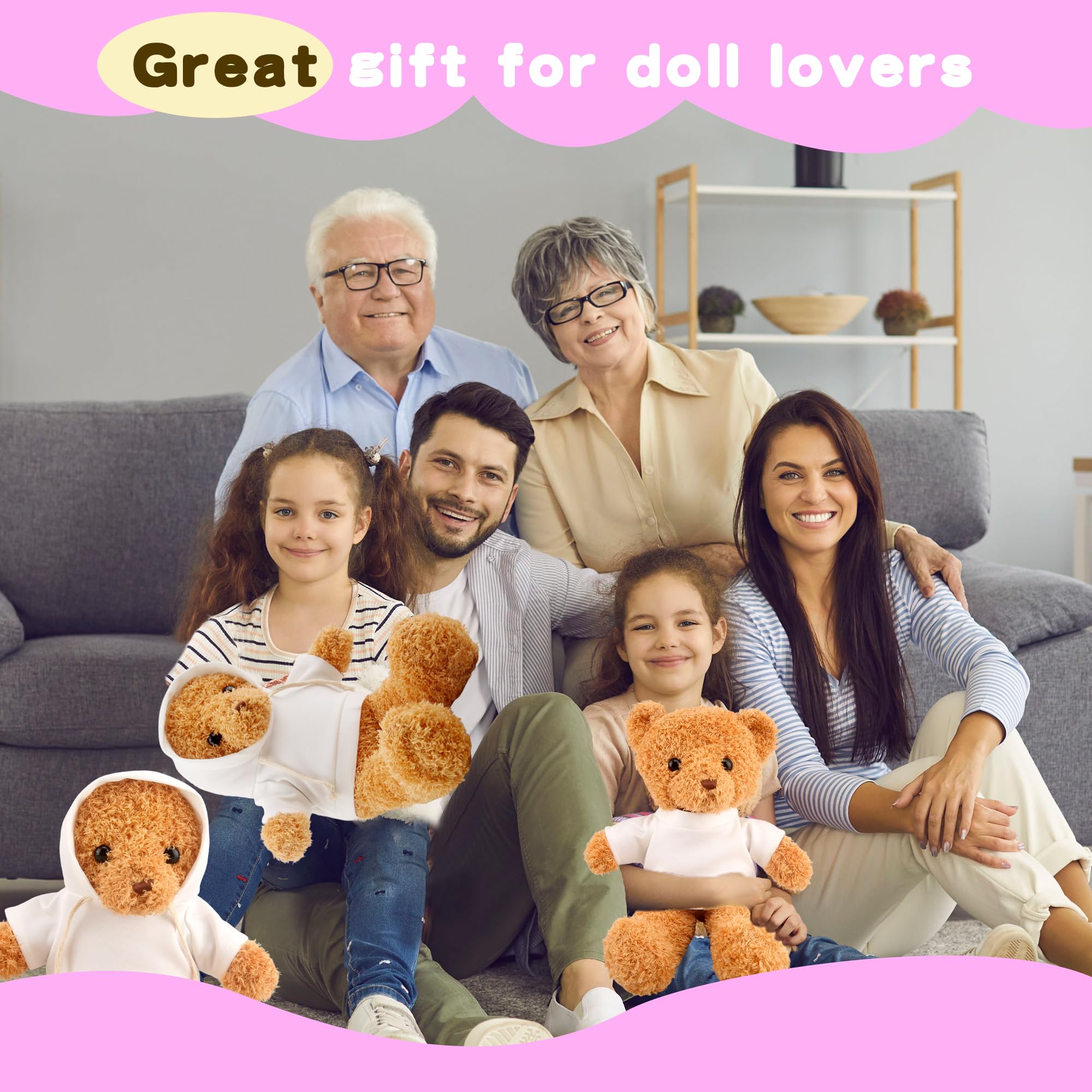 Lot de 12 jouets blancs en forme d'ours en peluche avec 6 t-shirts vierges à capuche et 6 t-shirts vierges pour poupées d'ours en peluche de 35,6 à 45,7 cm